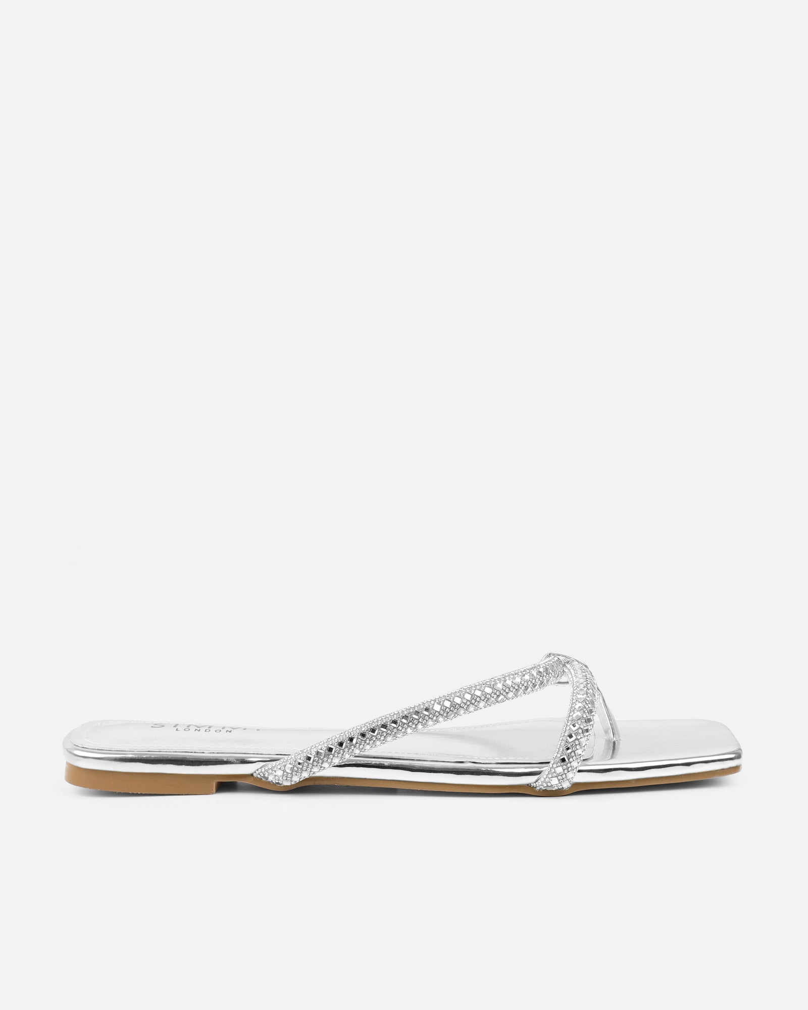 Visha Silver Mirror Effect Diamante Flat Sandals | SIMMI London