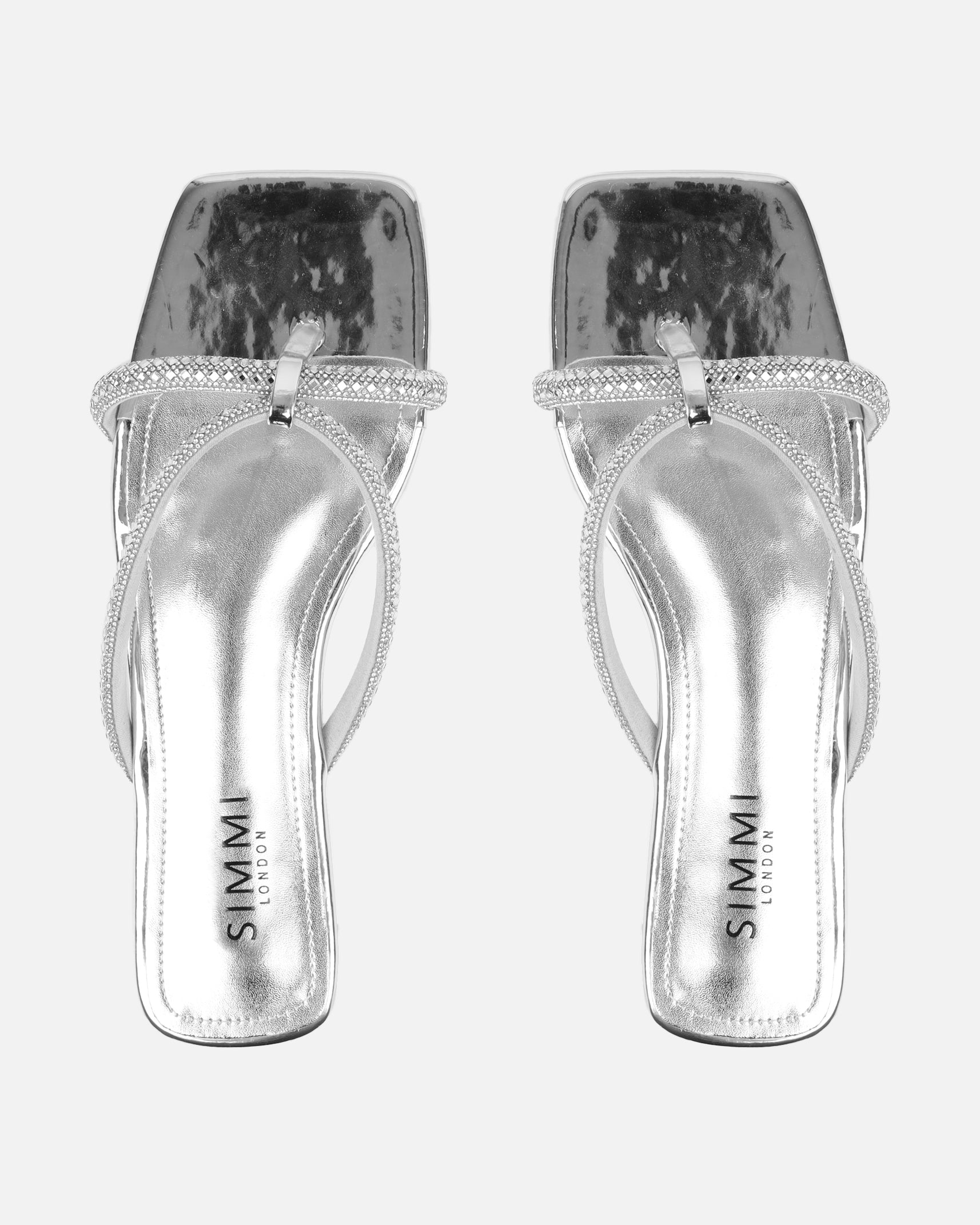 Visha Silver Mirror Effect Diamante Flat Sandals | SIMMI London