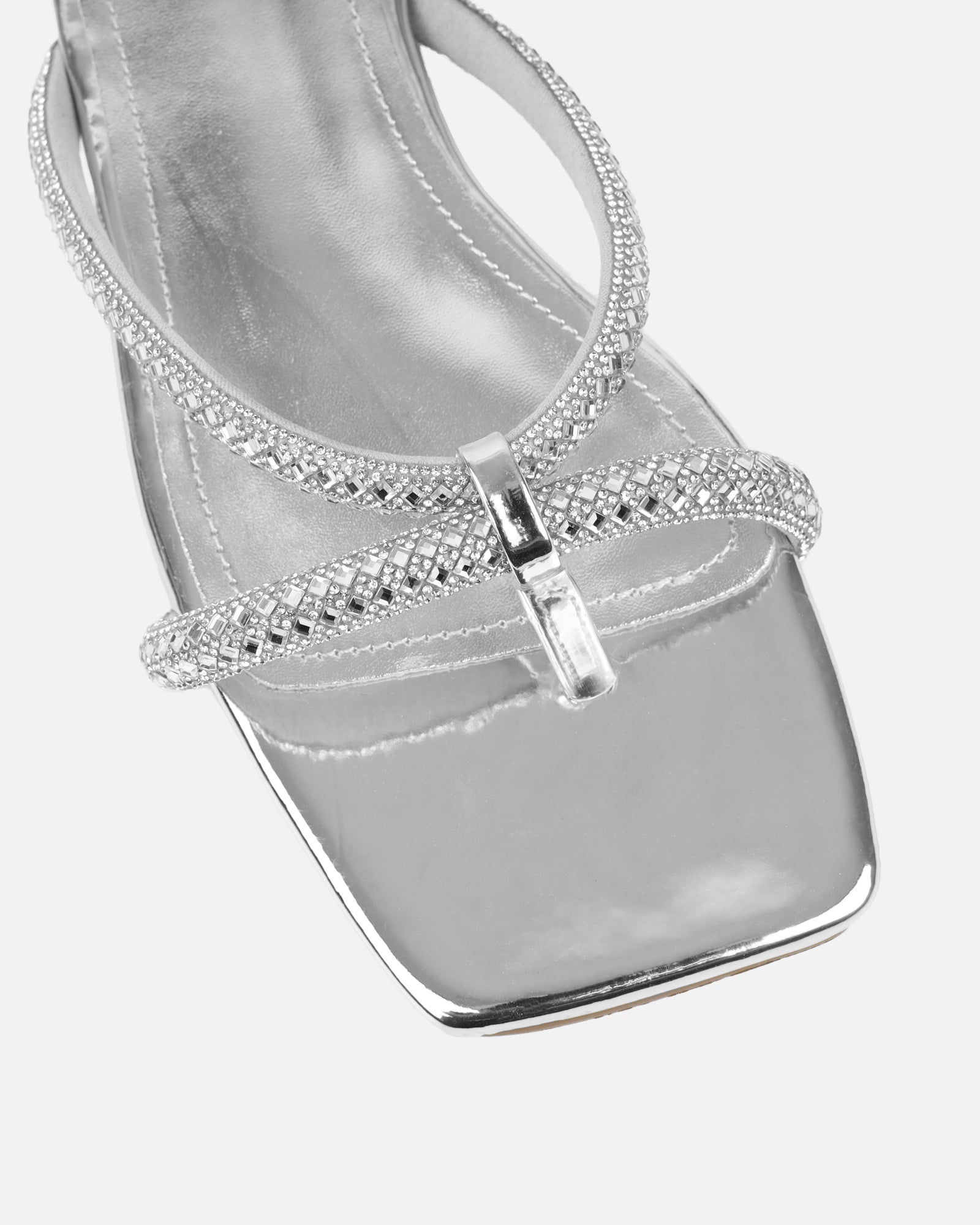 Visha Silver Mirror Effect Diamante Flat Sandals | SIMMI London