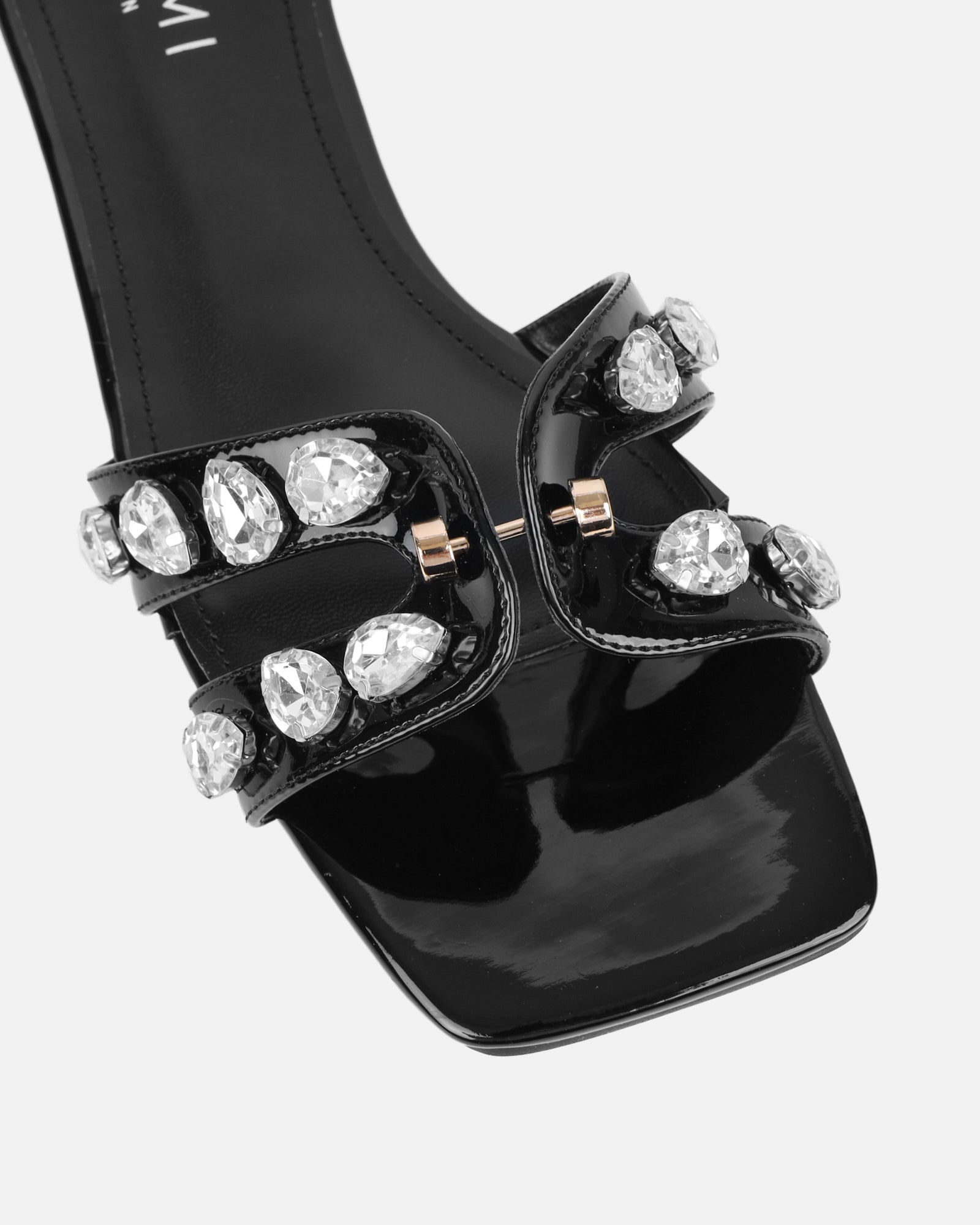 Billie Black Patent Diamante Slider Sandals | SIMMI London