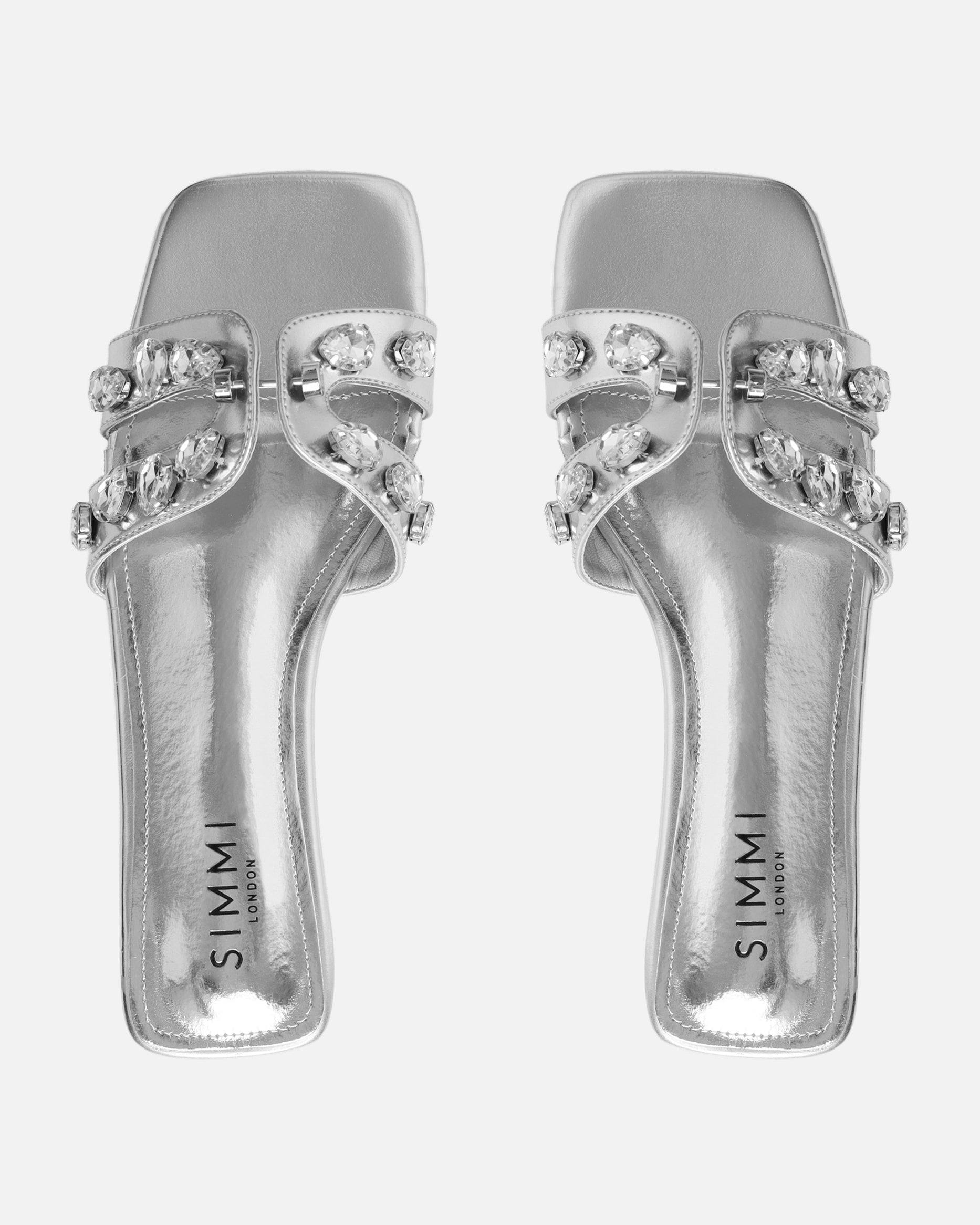 Billie Silver Metallic Diamante Slider Sandals | SIMMI London