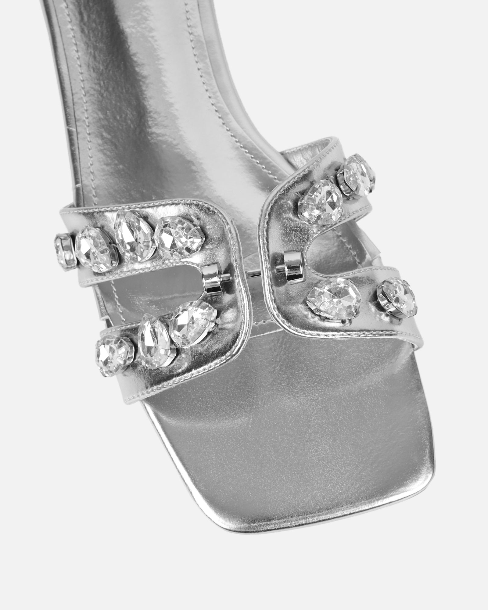 Billie Silver Metallic Diamante Slider Sandals | SIMMI London