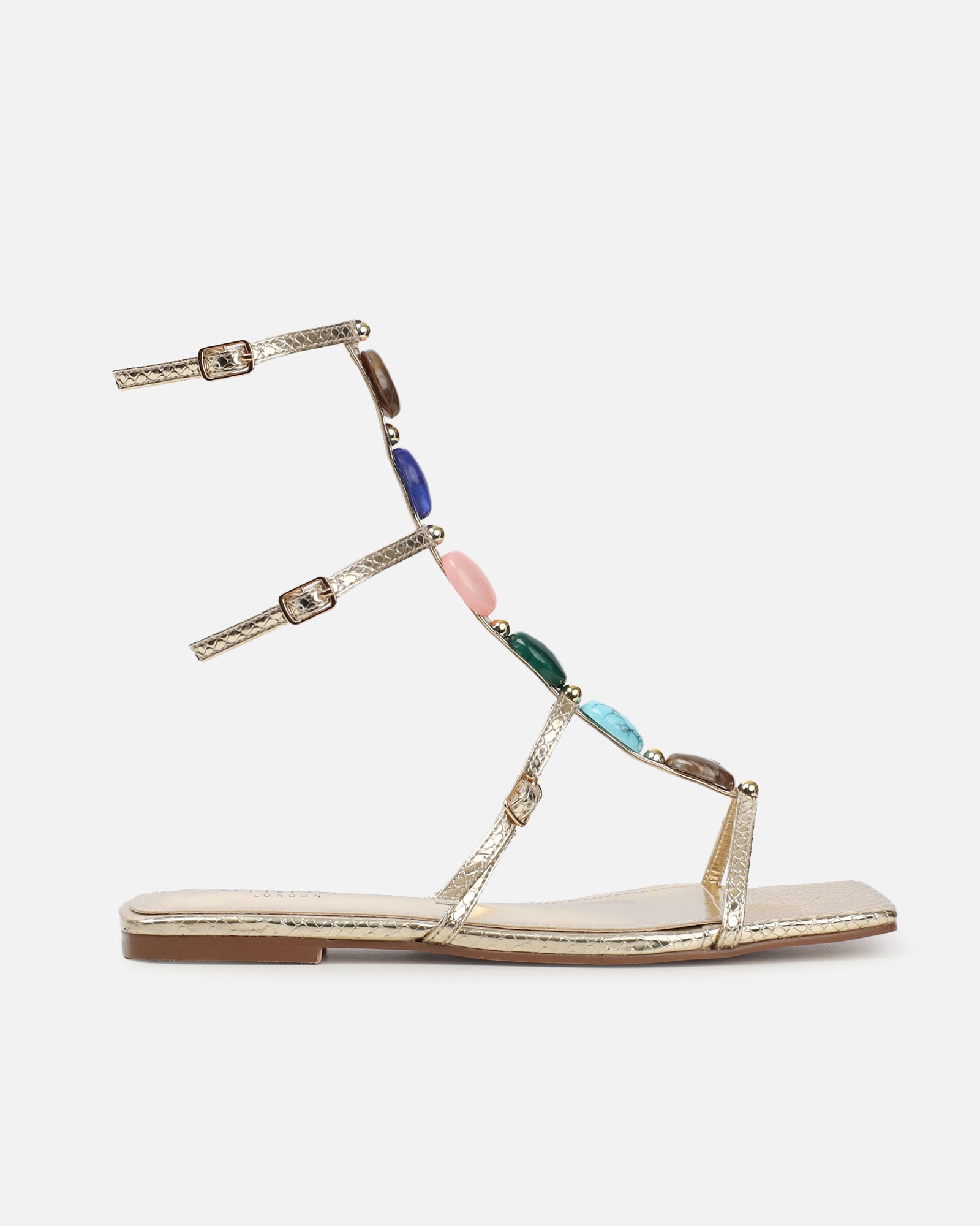 Elexa Light Gold Stone Embellished Flat Sandals | SIMMI London