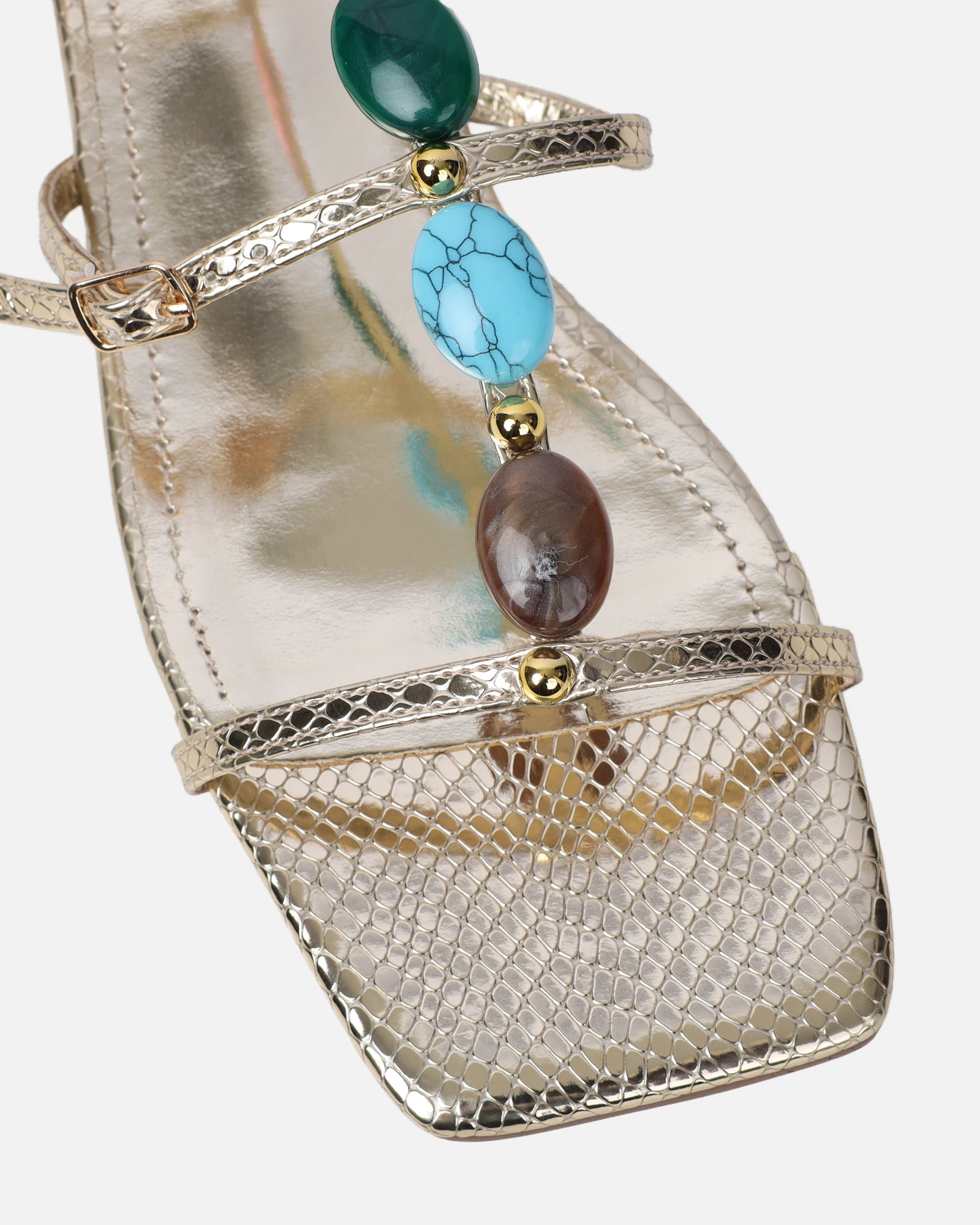 Elexa Light Gold Stone Embellished Flat Sandals | SIMMI London