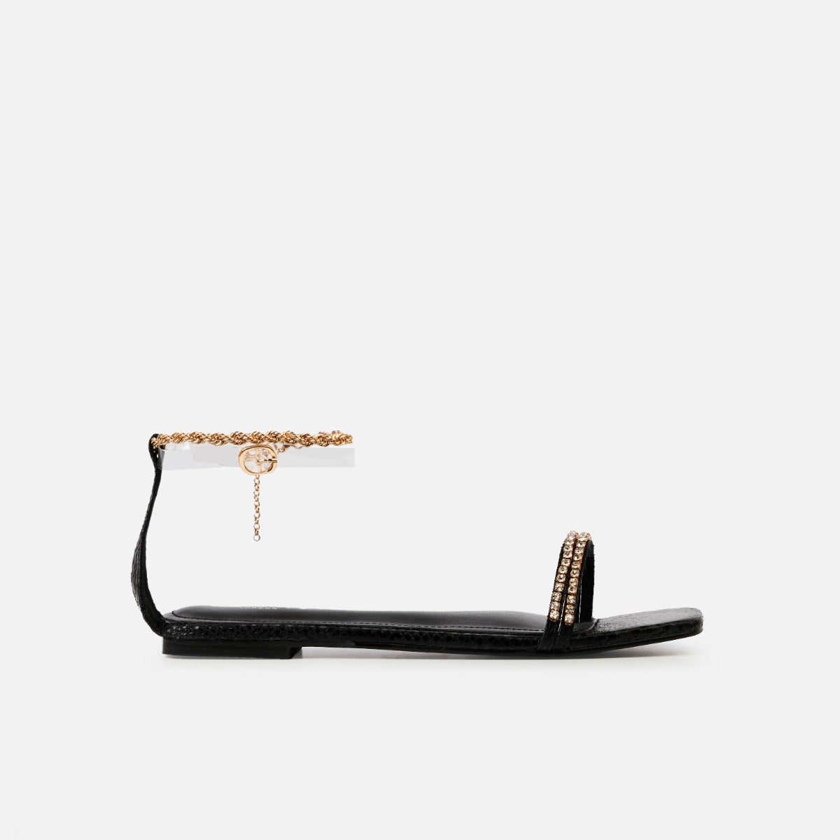 Hestia Black Ankle Chain Flat Sandals | SIMMI London