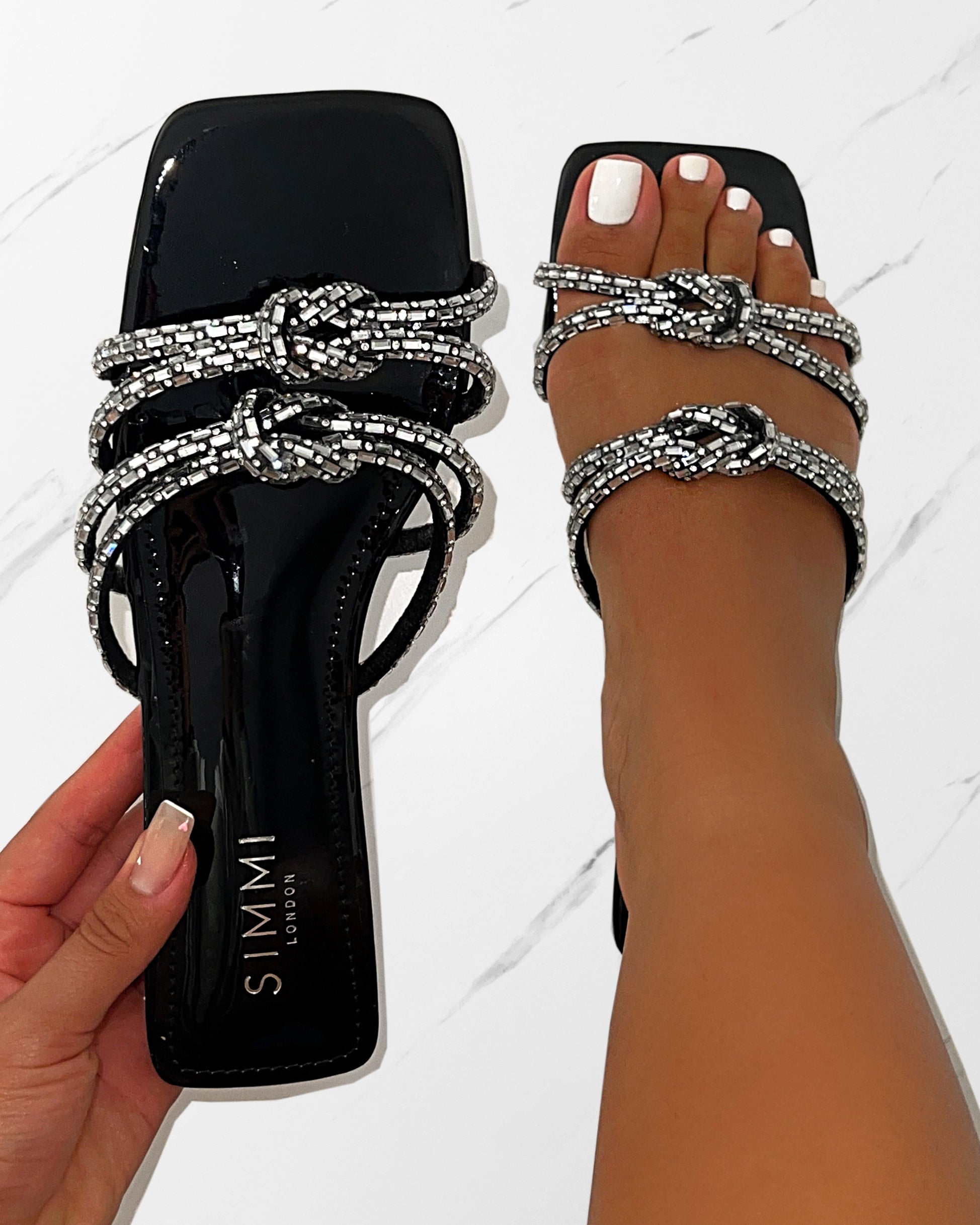 Aliano Black Patent Diamante Flat Sandals