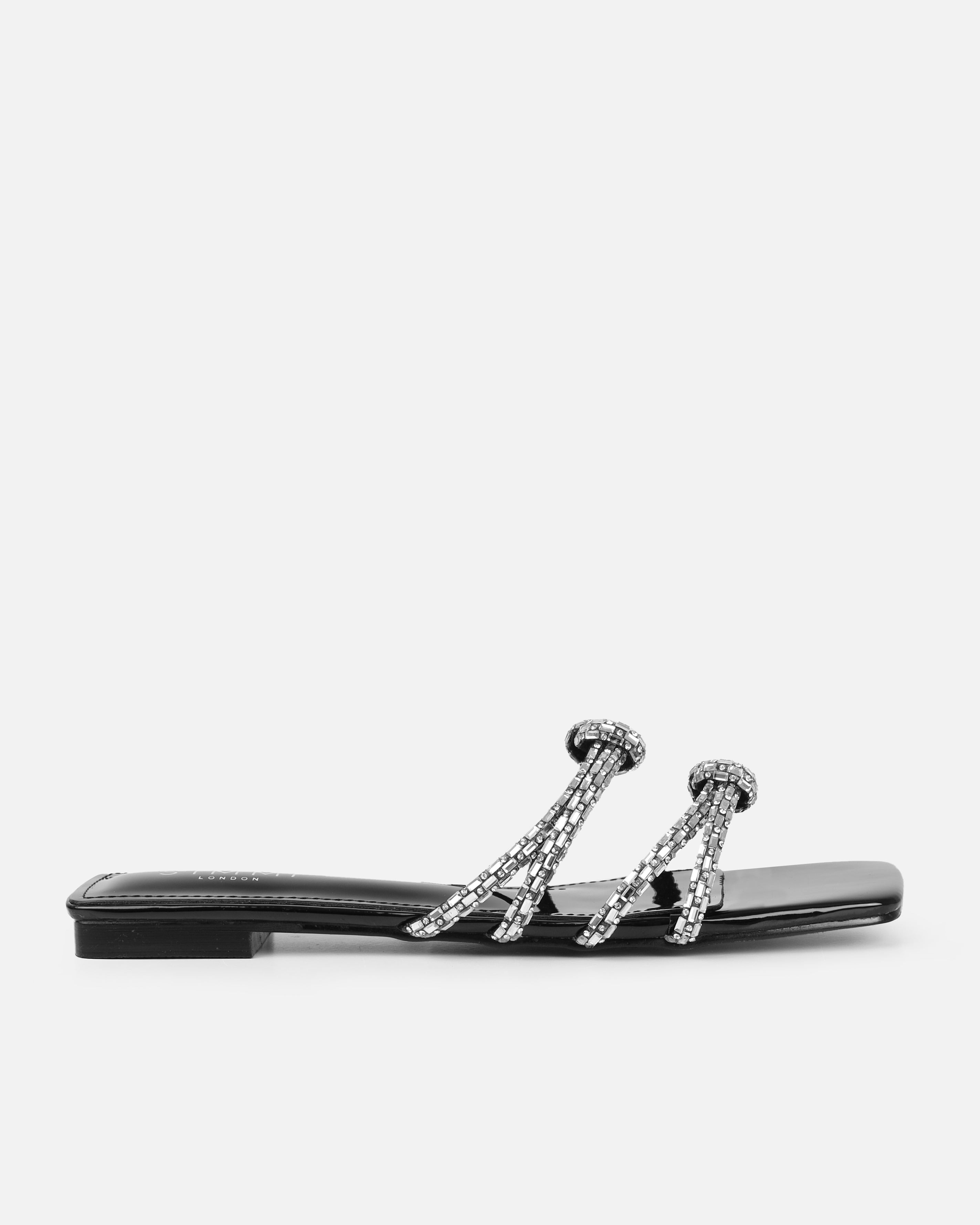 Aliano Black Patent Diamante Flat Sandals | SIMMI London