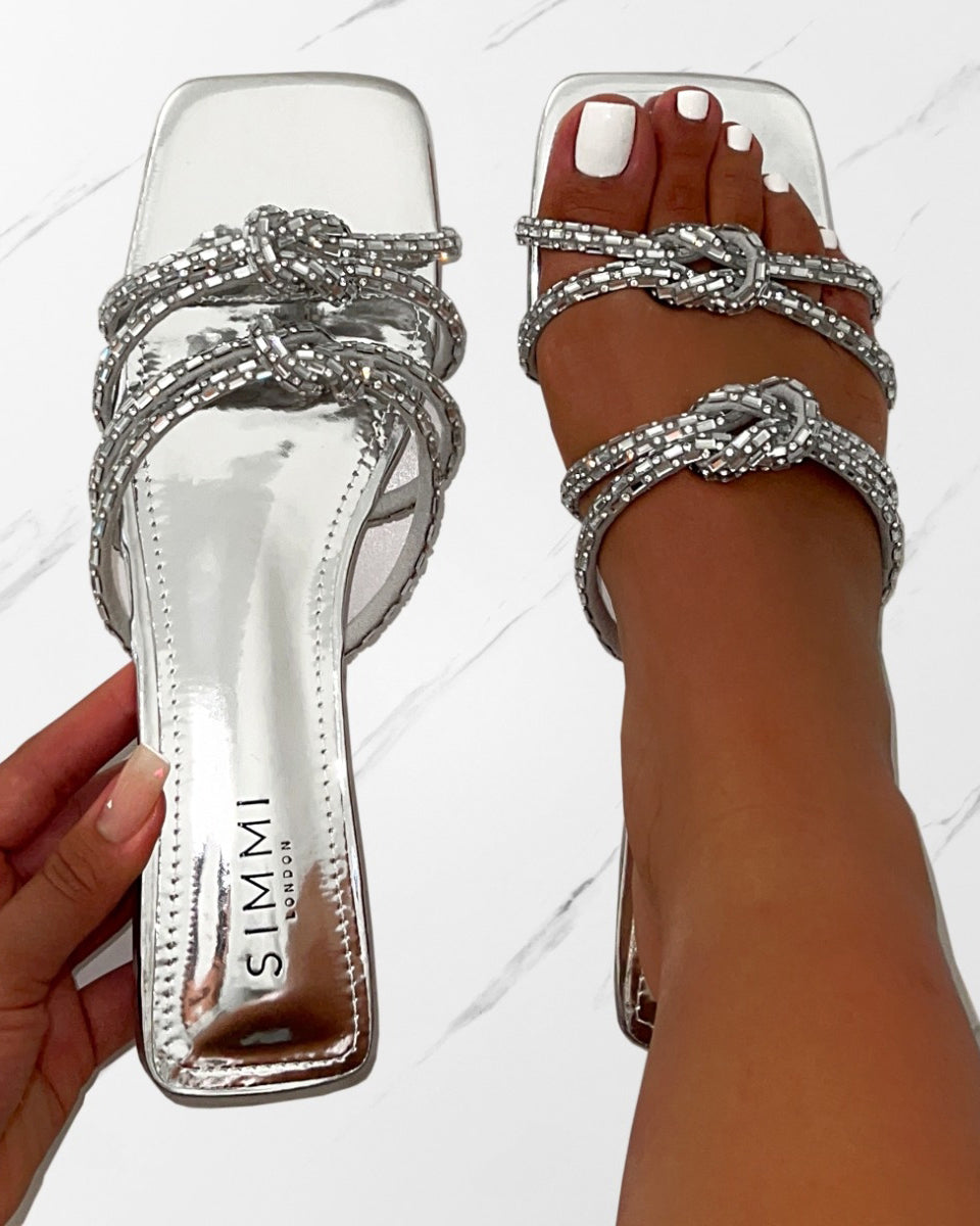 Aliano Silver Patent Diamante Flat Sandals | SIMMI London