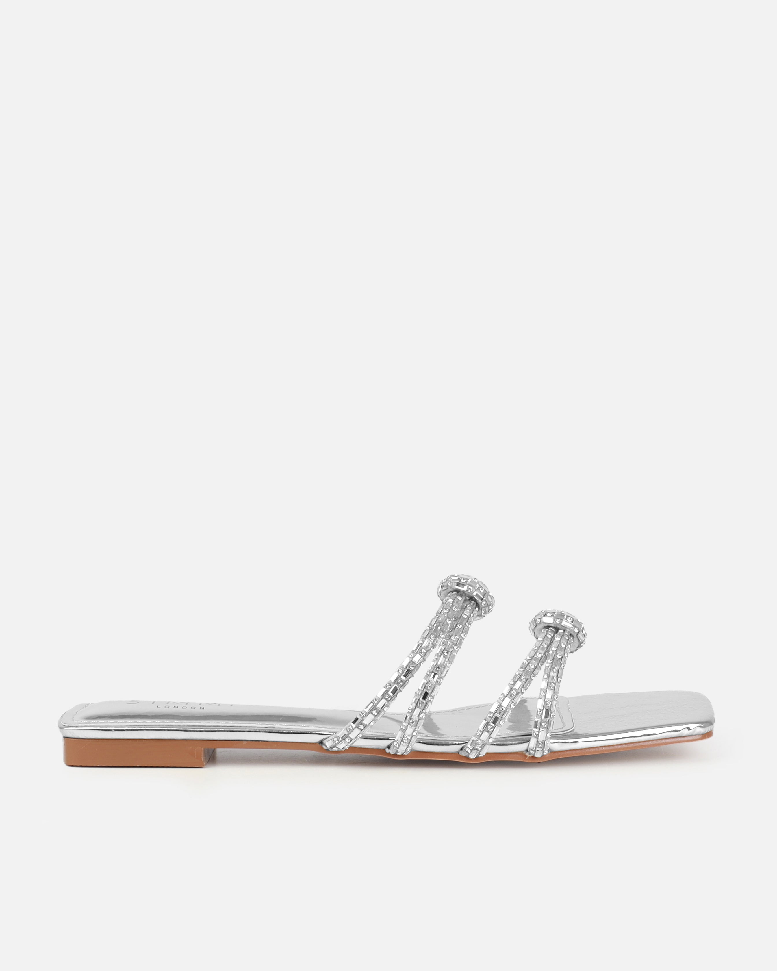 Aliano Silver Patent Diamante Flat Sandals | SIMMI London