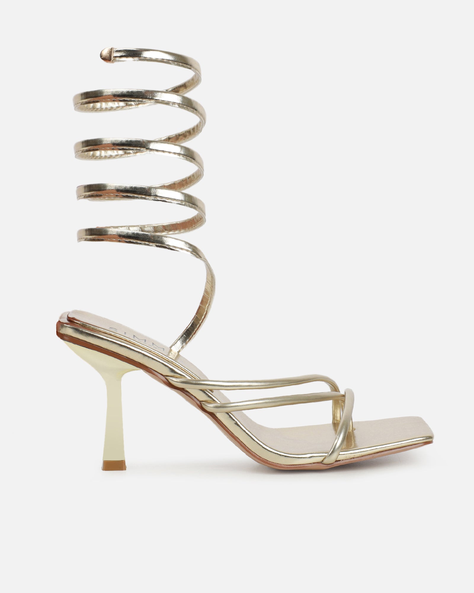 Alisa Gold Metallic Spiral Mid Heeled Sandals | SIMMI London