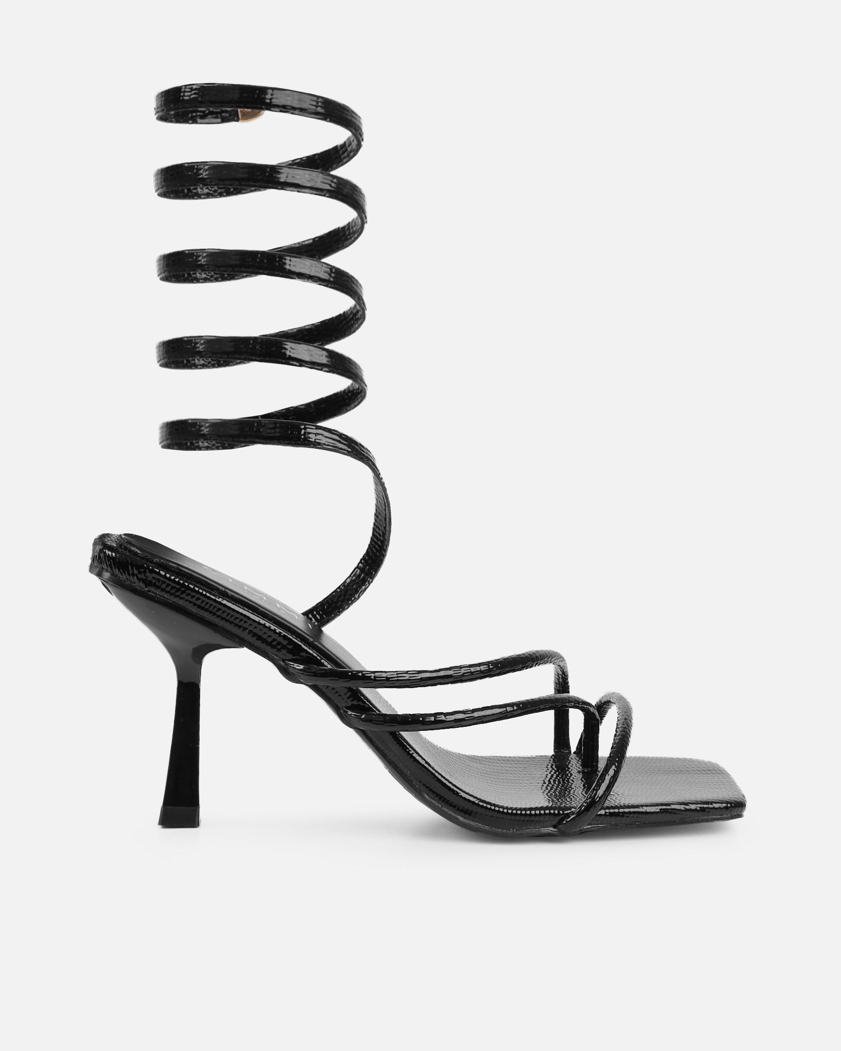 Alii black lizard effect spiral mid heeled sandals | SIMMI London