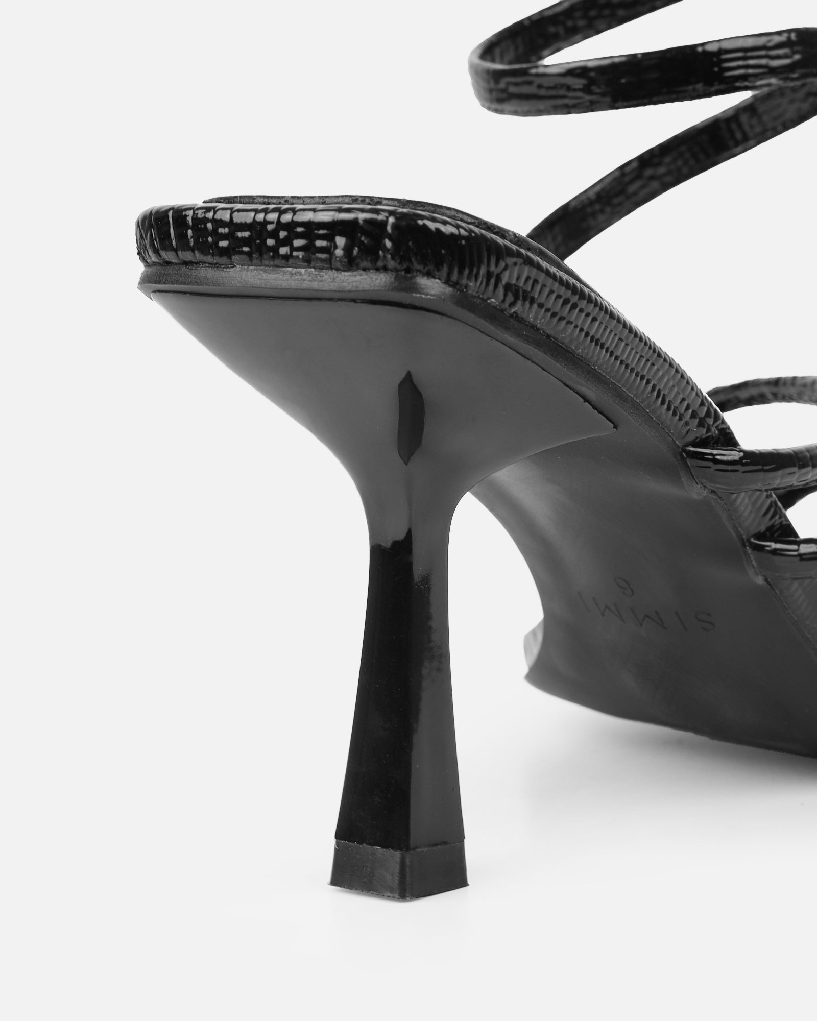 Alii black lizard effect spiral mid heeled sandals | SIMMI London