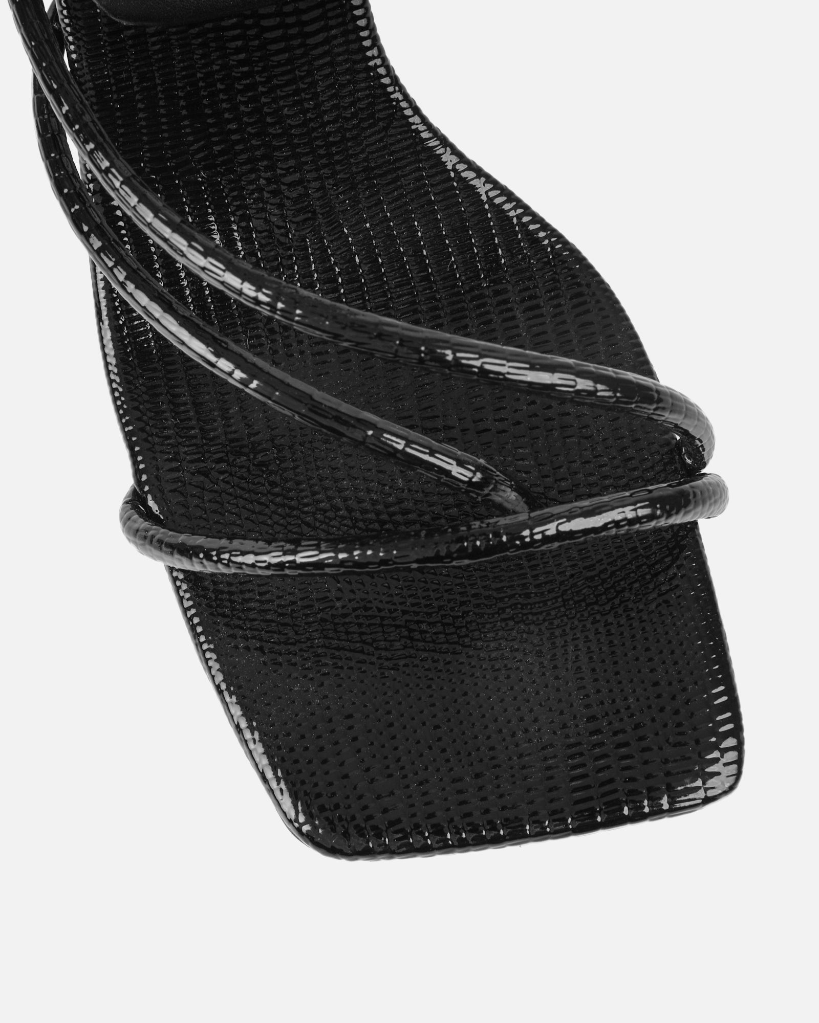 Alii black lizard effect spiral mid heeled sandals | SIMMI London