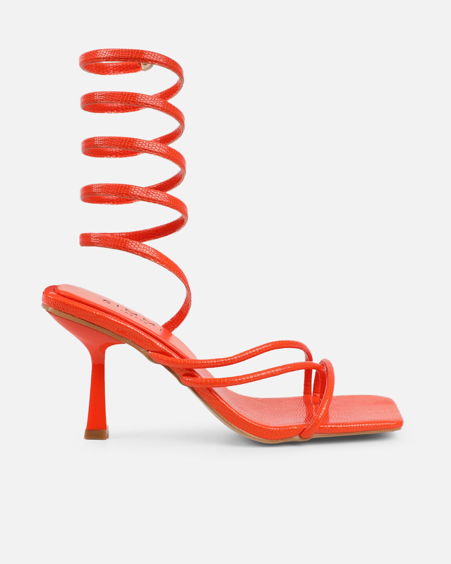 Alii Orange Lizard Effect Spiral Mid Heeled Sandals  | SIMMI London