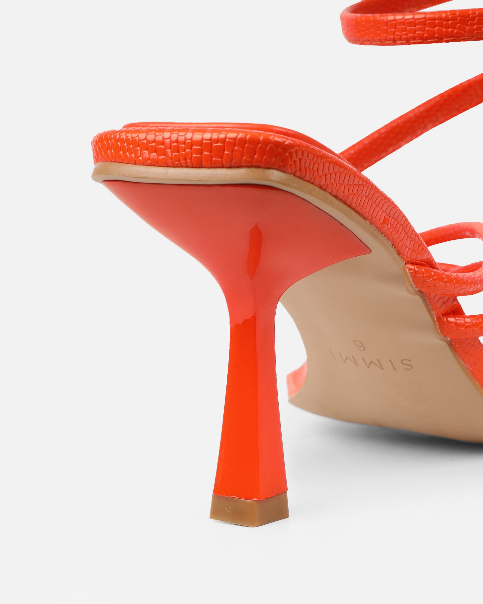 Alii Orange Lizard Effect Spiral Mid Heeled Sandals  | SIMMI London