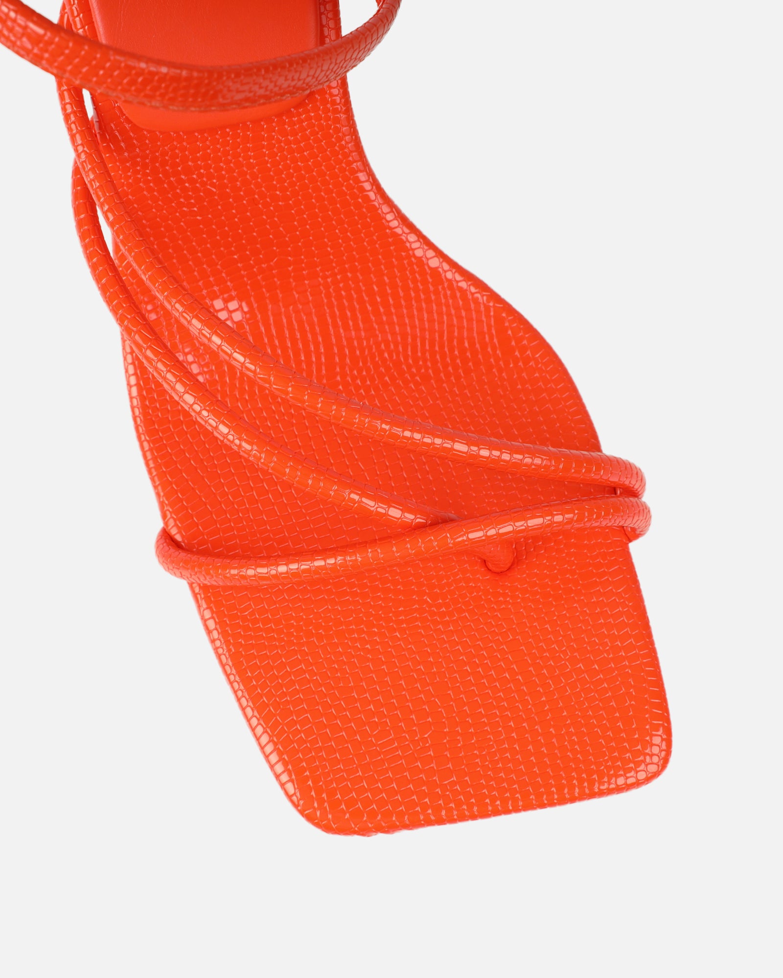 Alii Orange Lizard Effect Spiral Mid Heeled Sandals  | SIMMI London