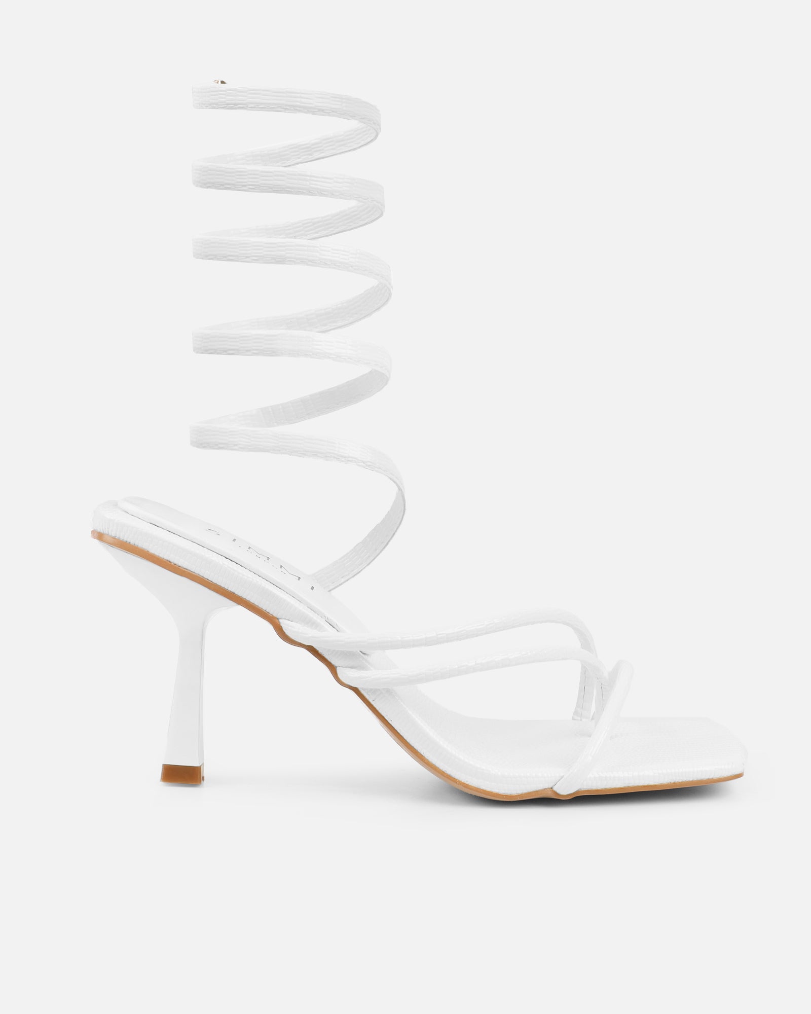 Alii White Lizard Effect Spiral Mid Heeled Sandals | SIMMI London