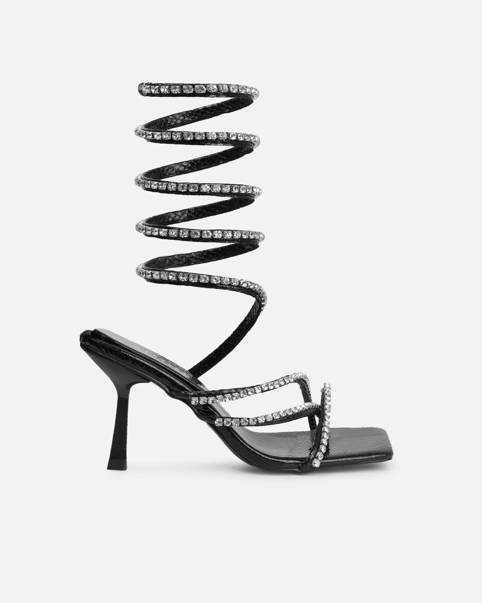 Freesia Black Faux Snake Print Toe Post Ankle Coil Mid Heels | SIMMI London
