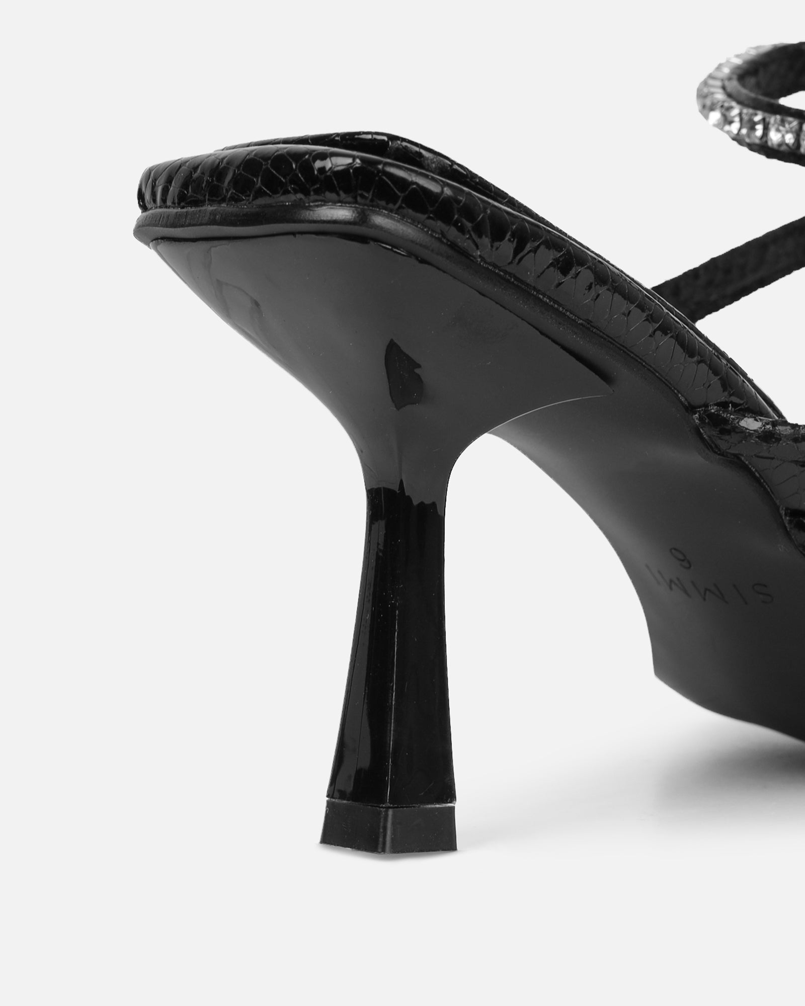 Freesia Black Faux Snake Print Toe Post Ankle Coil Mid Heels | SIMMI London