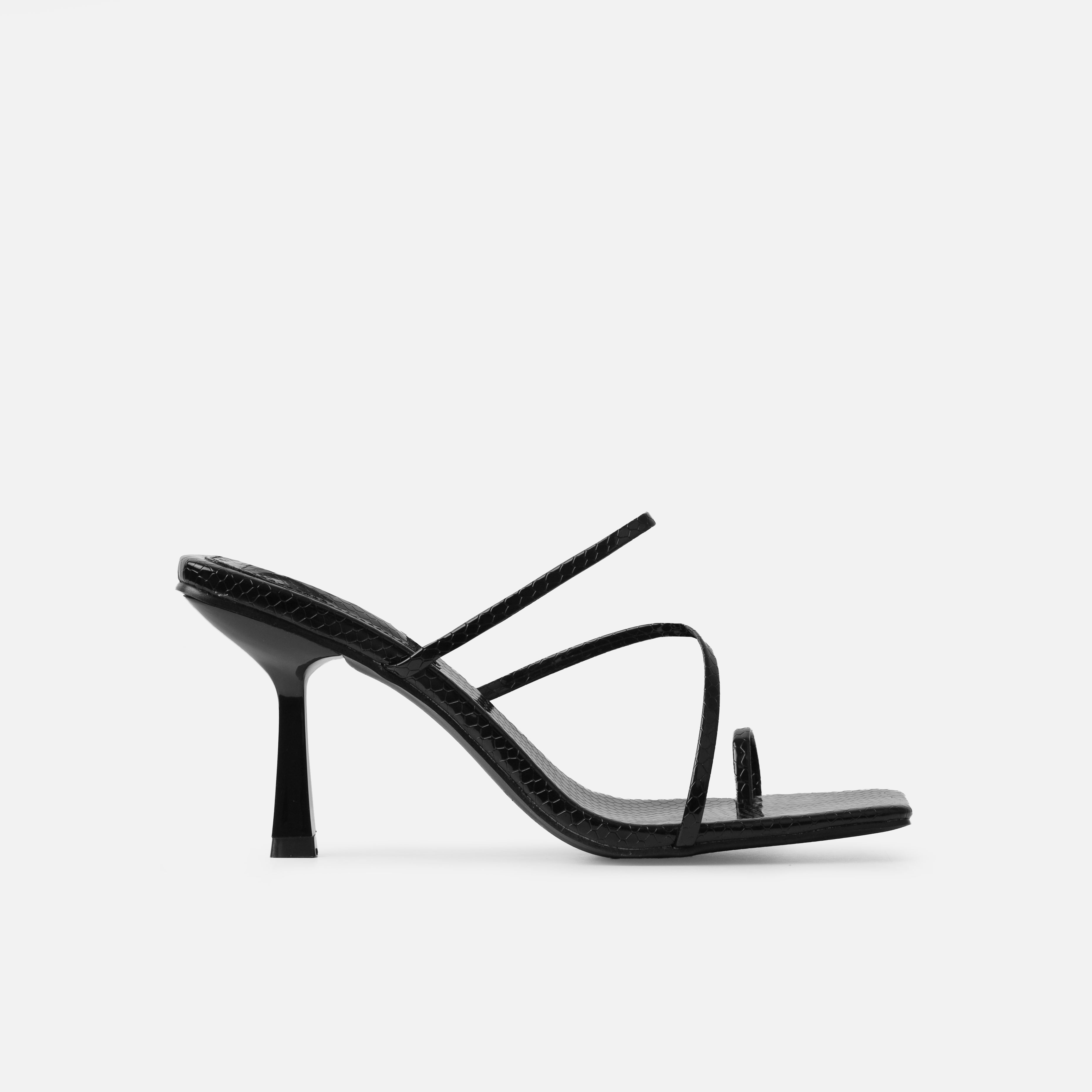 Nivette Wide Fit Black Faux Snake Print Double Strap Mid Heels | SIMMI London