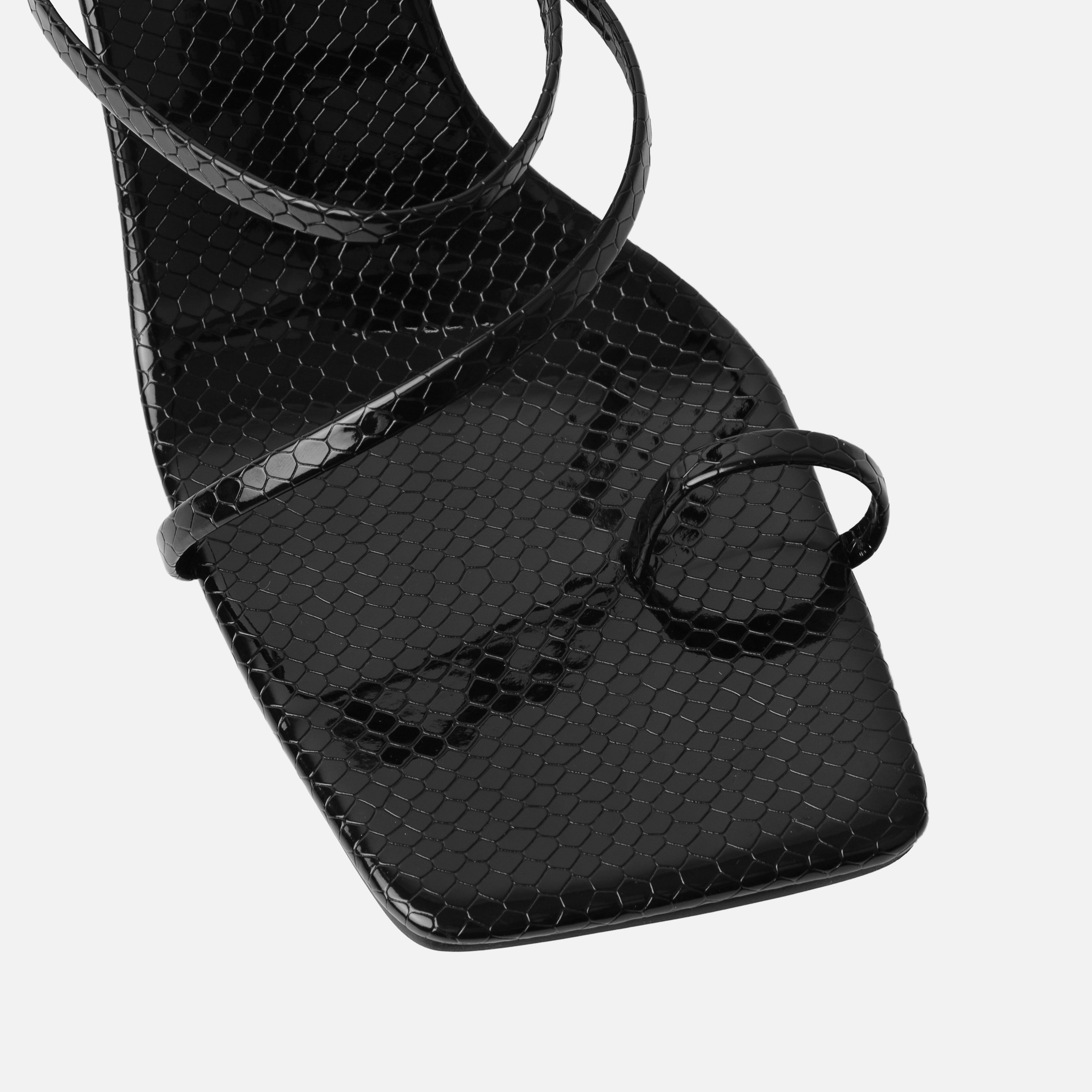 Nivette Wide Fit Black Faux Snake Print Double Strap Mid Heels | SIMMI London