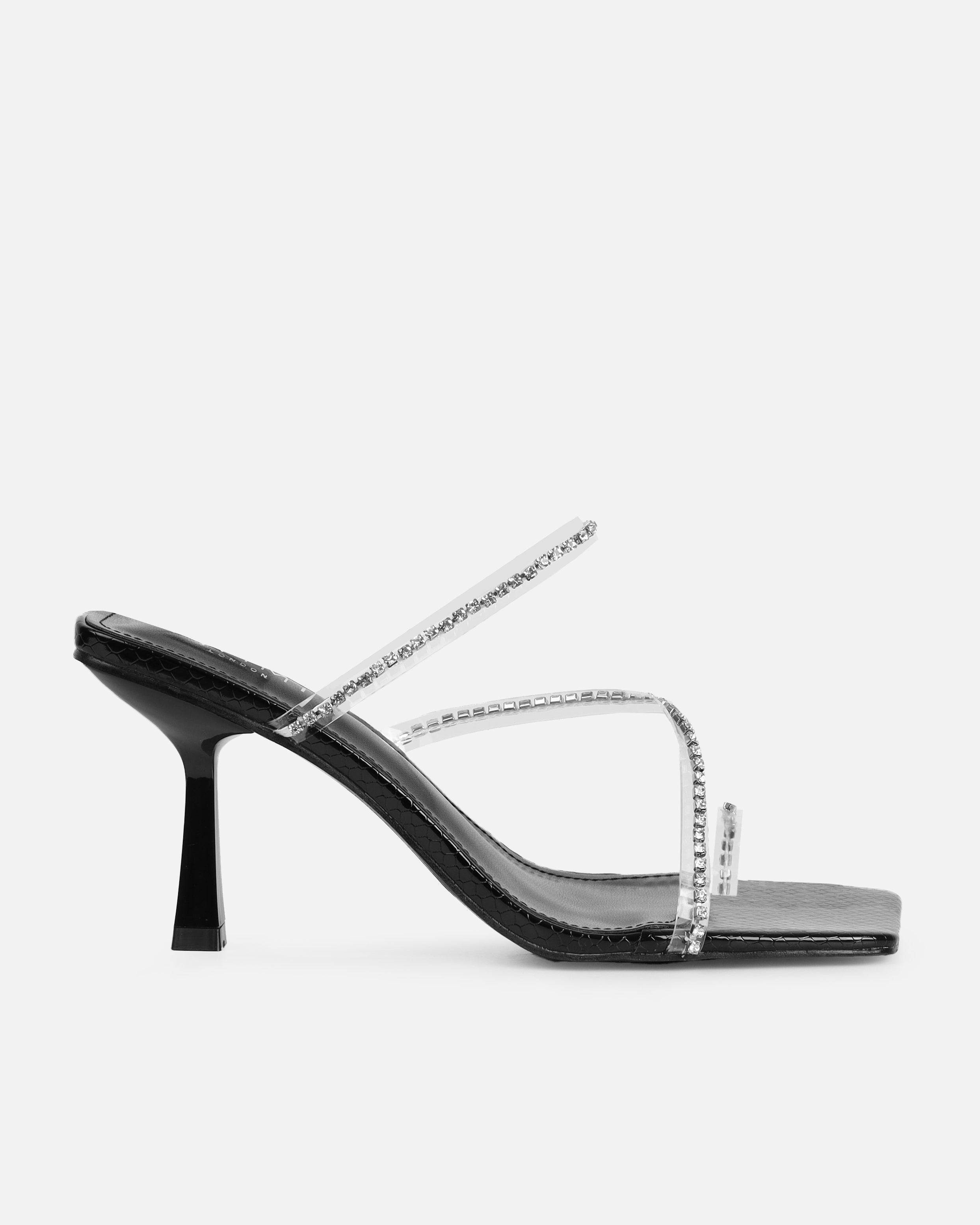 Ninah Black Faux Snake Print Clear Diamante Mid Heels | SIMMI London