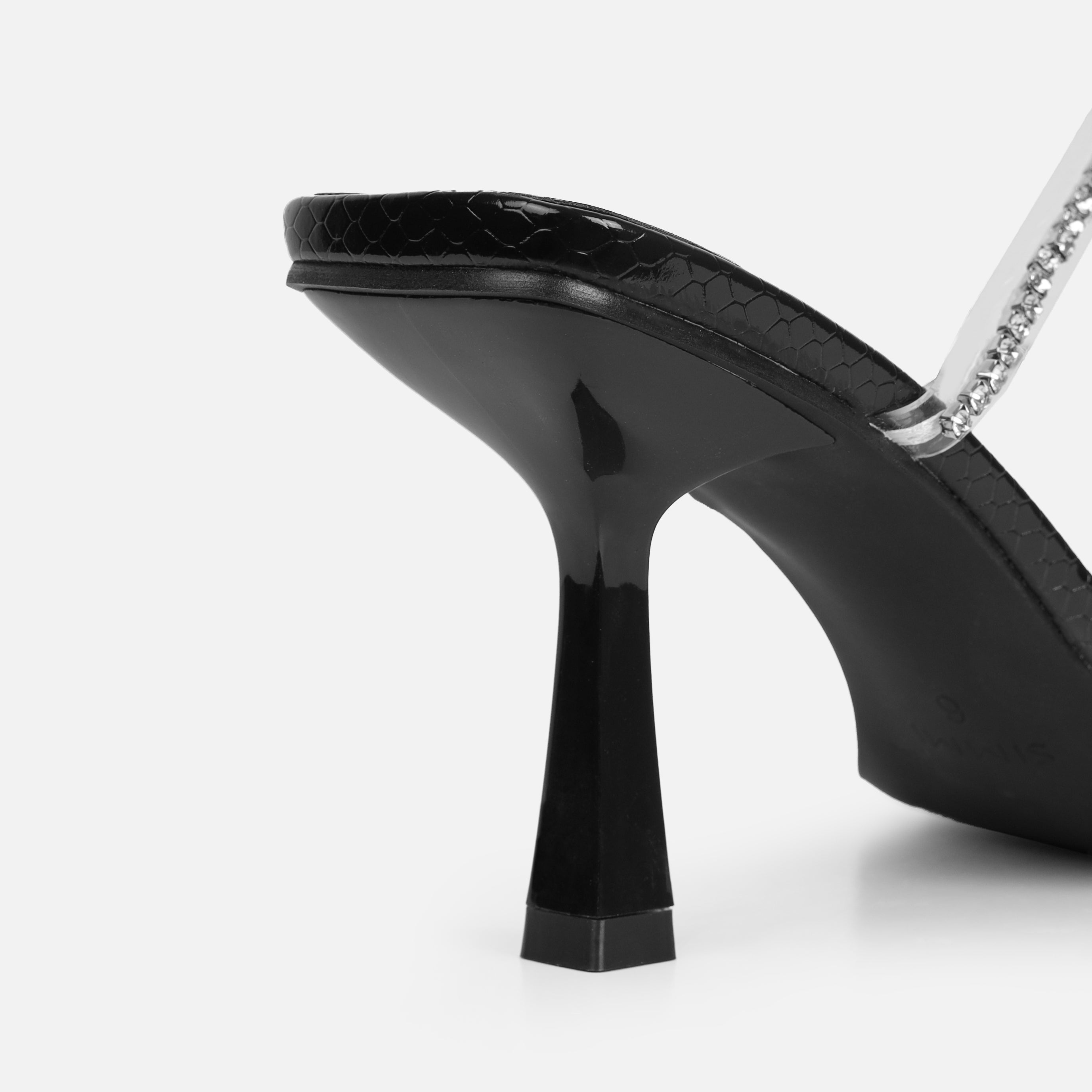 Ninah Wide Fit Black Faux Snake Print Clear Diamante Mid Heels | SIMMI London