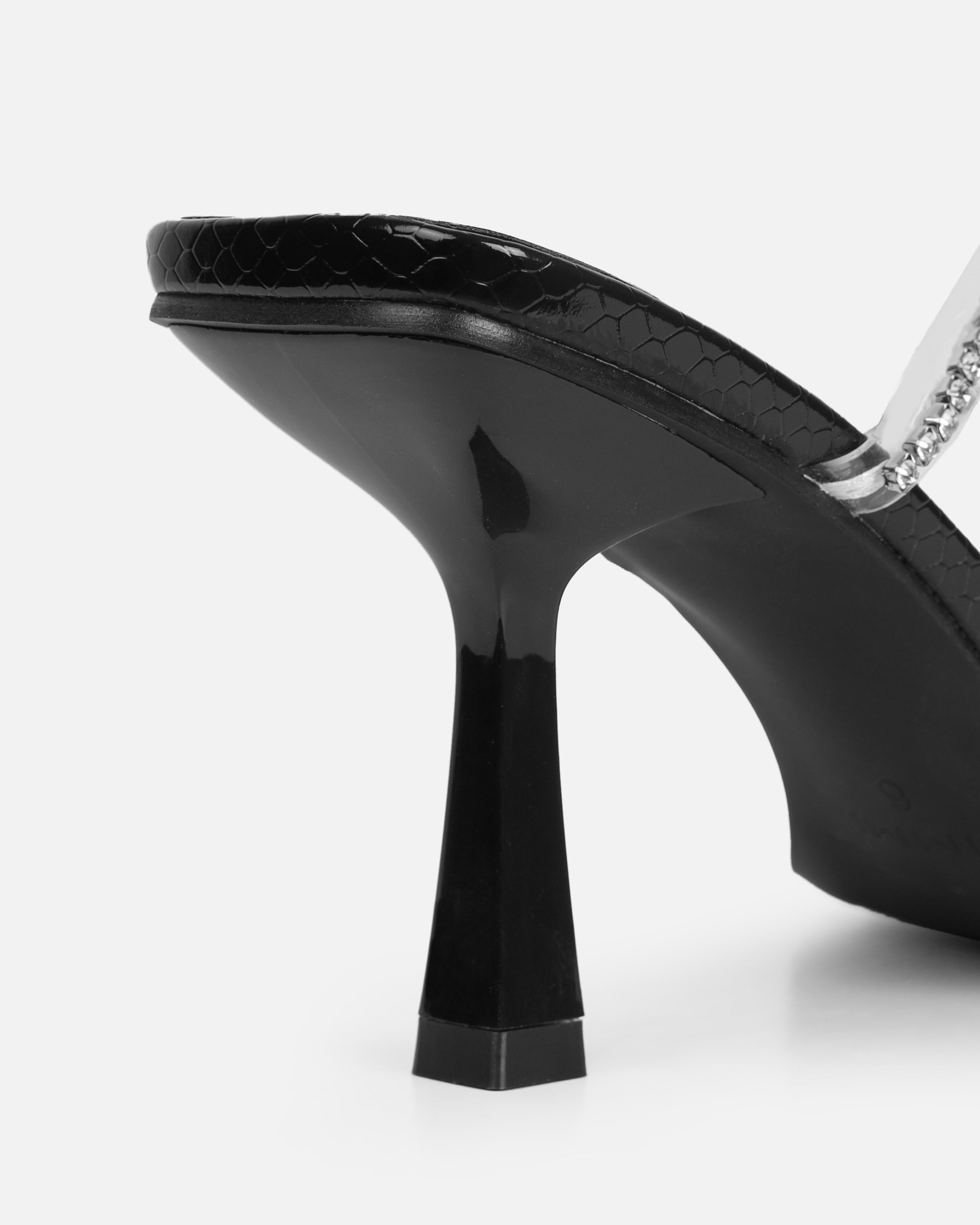 Ninah Black Faux Snake Print Clear Diamante Mid Heels | SIMMI London