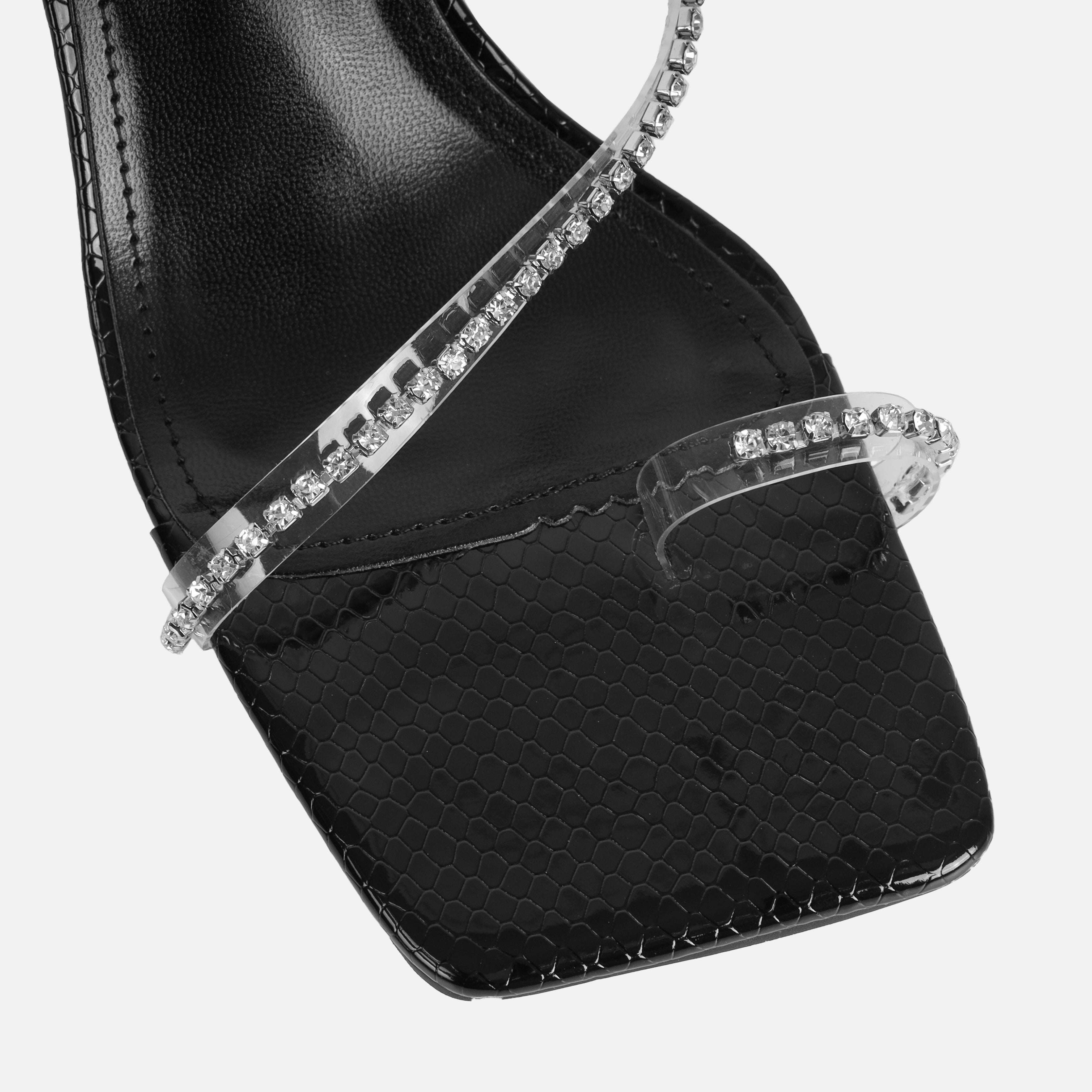 Ninah Wide Fit Black Faux Snake Print Clear Diamante Mid Heels | SIMMI London