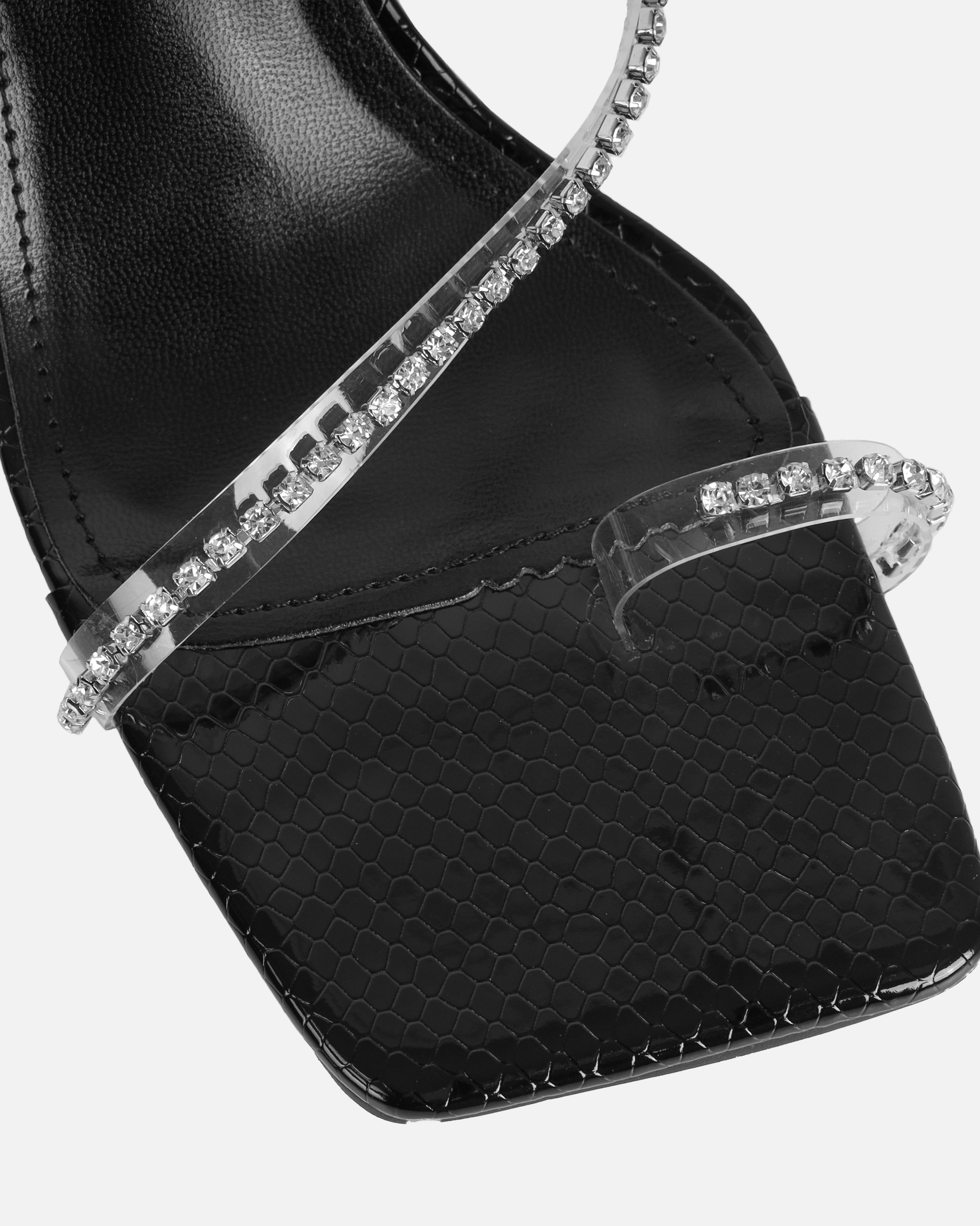 Ninah Black Faux Snake Print Clear Diamante Mid Heels | SIMMI London