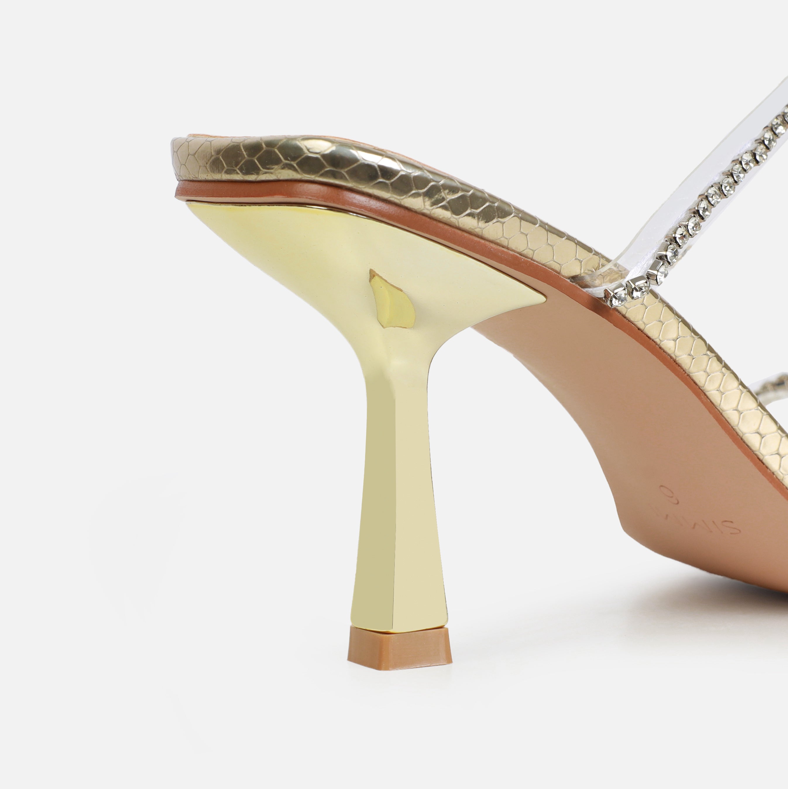 Ninah Wide Fit Light Gold Faux Snake Print Clear Diamante Mid Heels | SIMMI London