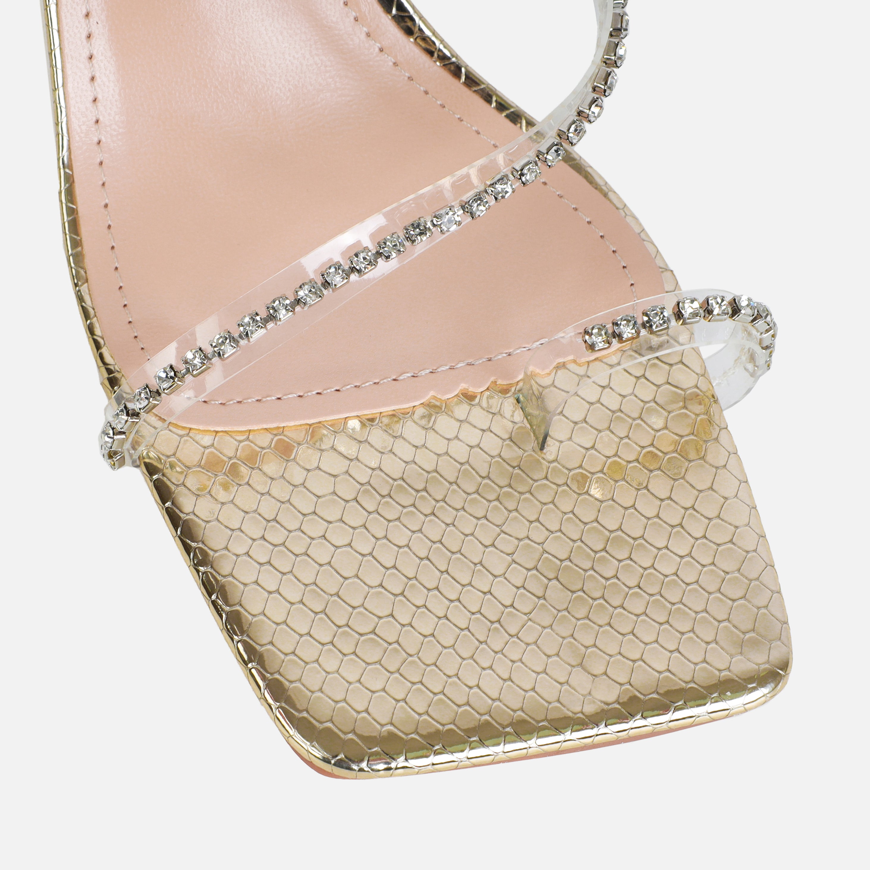 Ninah Wide Fit Light Gold Faux Snake Print Clear Diamante Mid Heels | SIMMI London