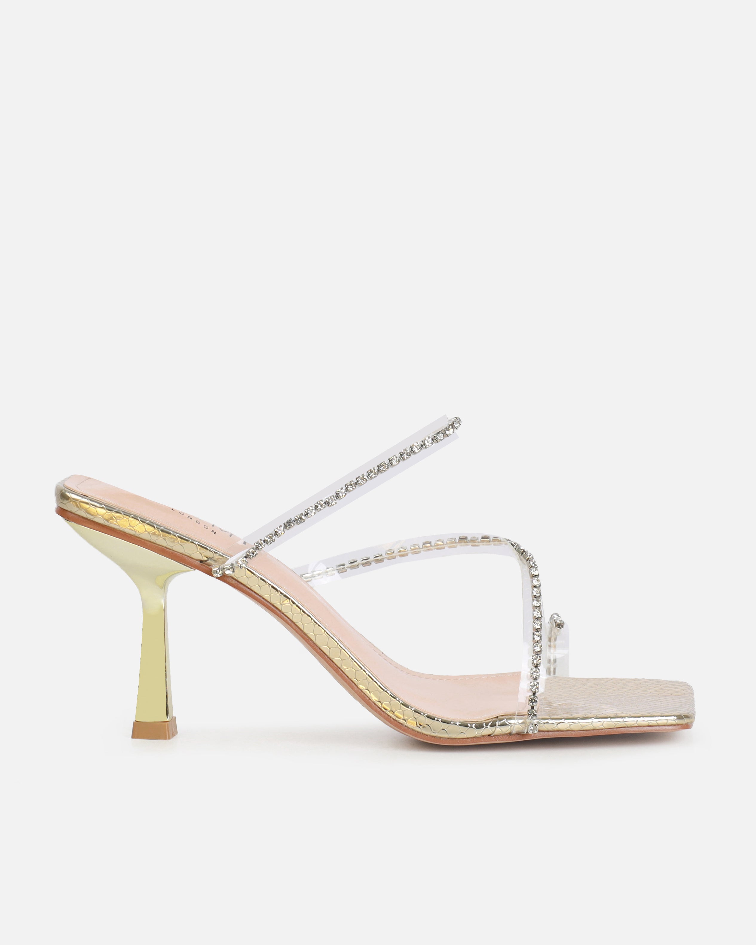 Ninah Gold Faux Snake Print Clear Diamante Mid Heels | SIMMI London