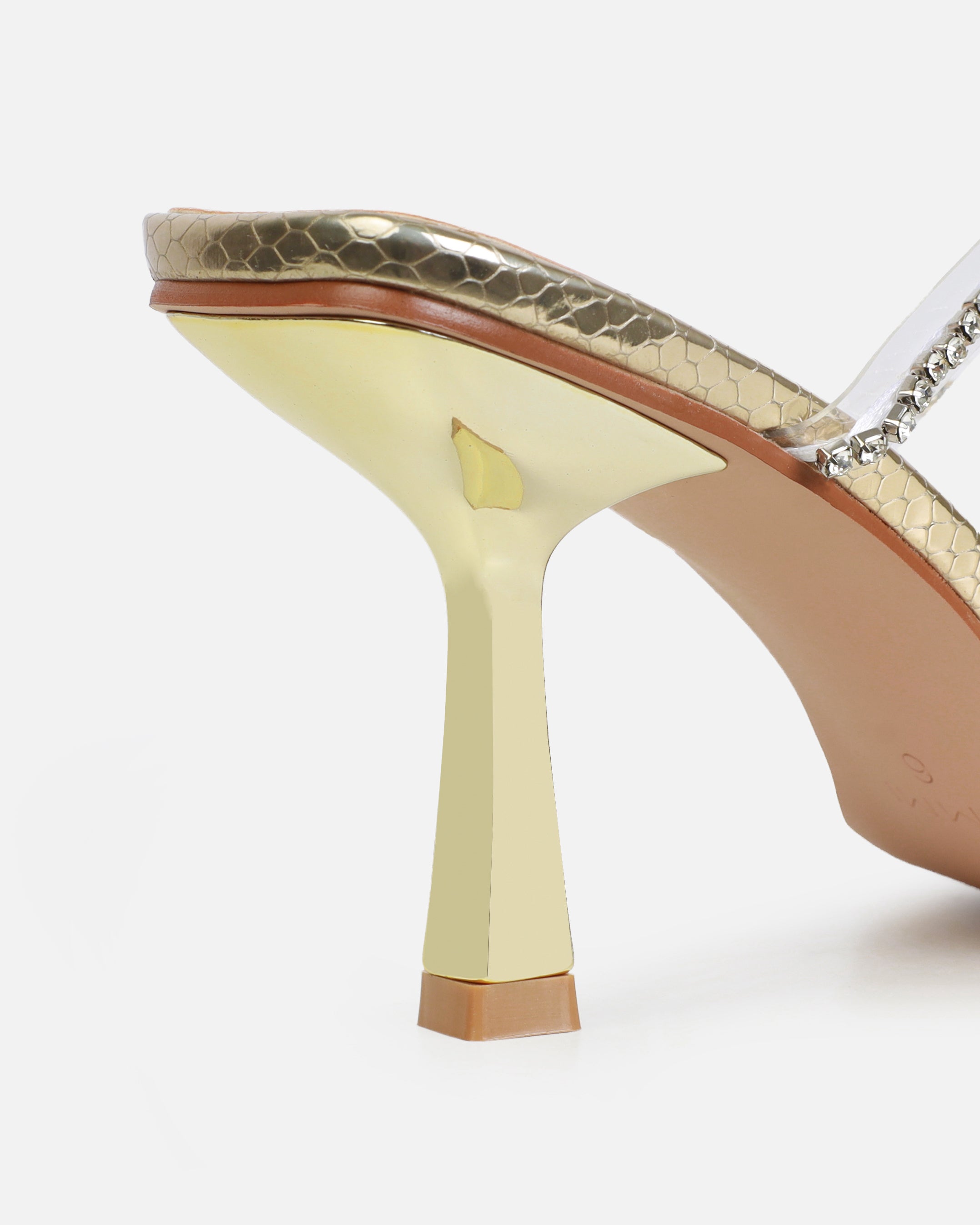 Ninah Gold Faux Snake Print Clear Diamante Mid Heels | SIMMI London