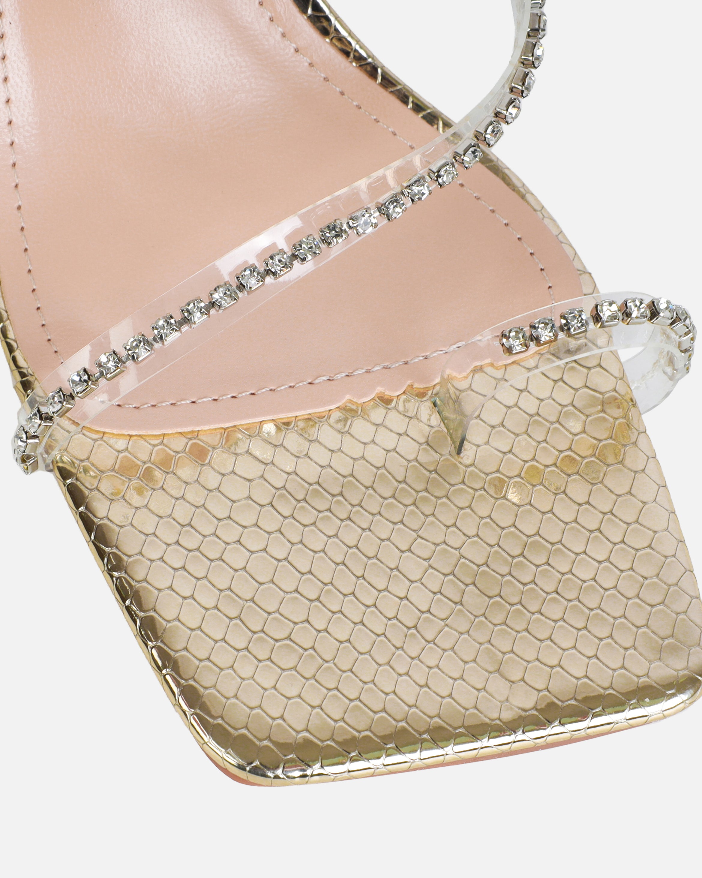 Ninah Gold Faux Snake Print Clear Diamante Mid Heels | SIMMI London