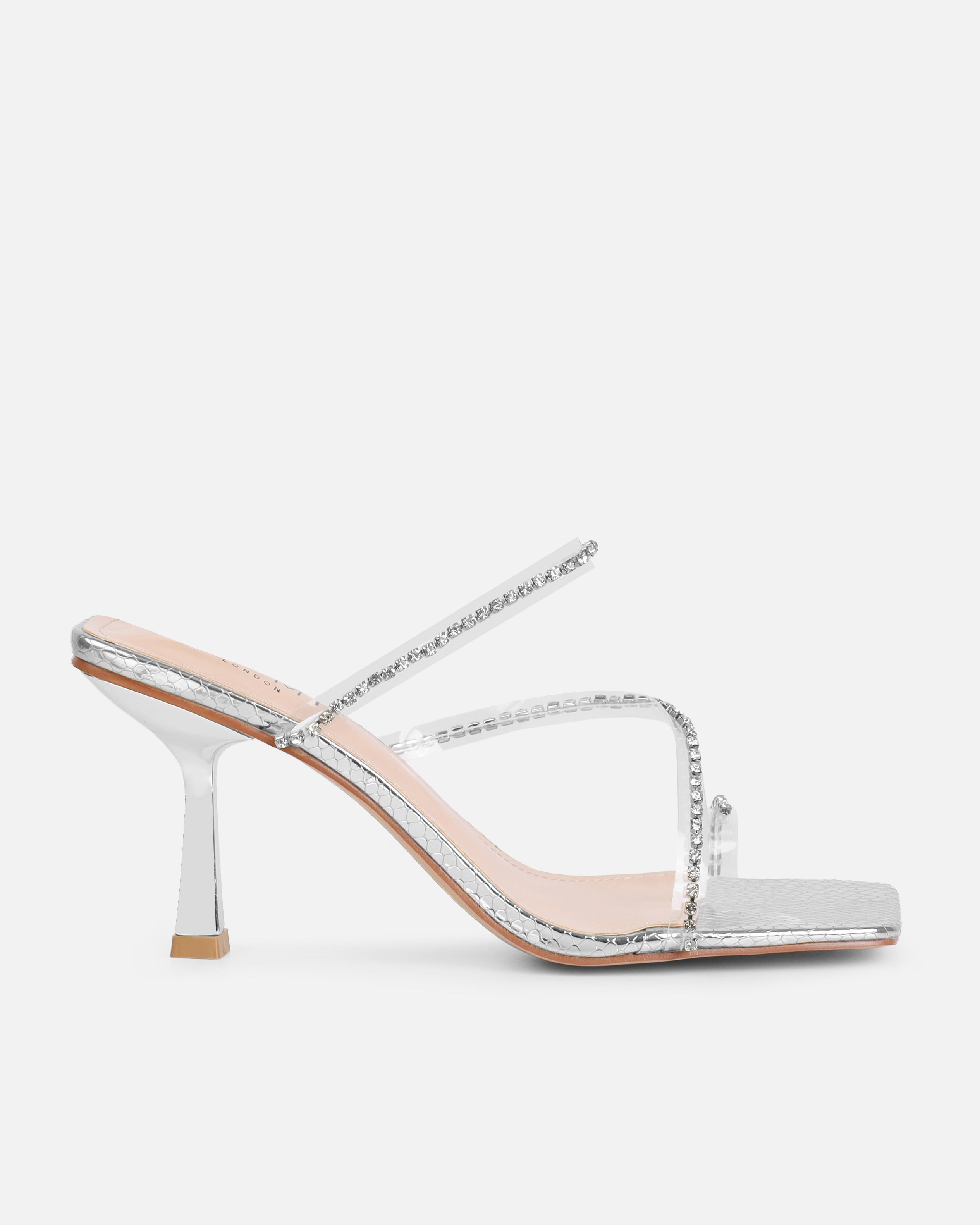 Ninah Silver Faux Snake Print Clear Diamante Mid Heels | SIMMI London