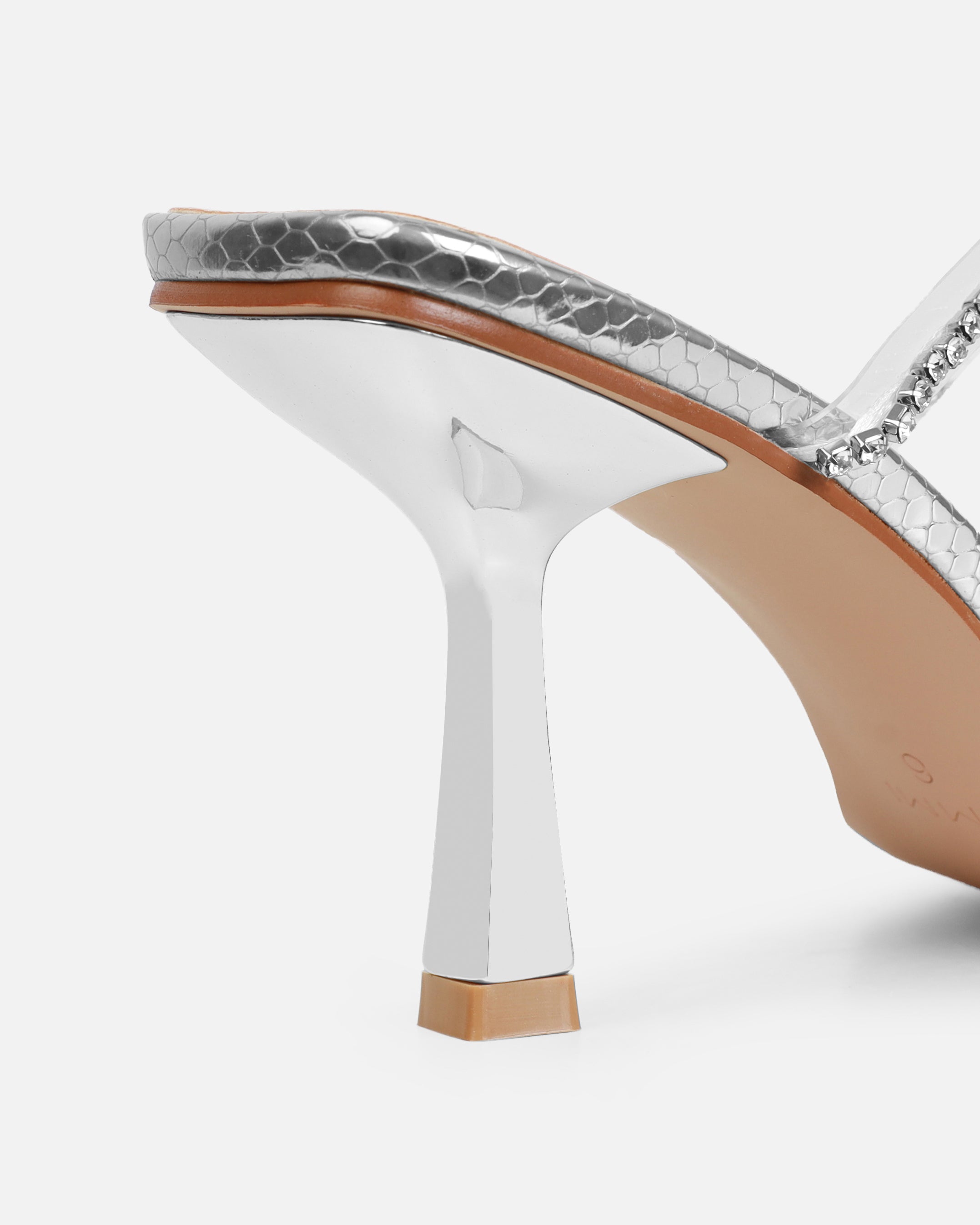 Ninah Silver Faux Snake Print Clear Diamante Mid Heels | SIMMI London