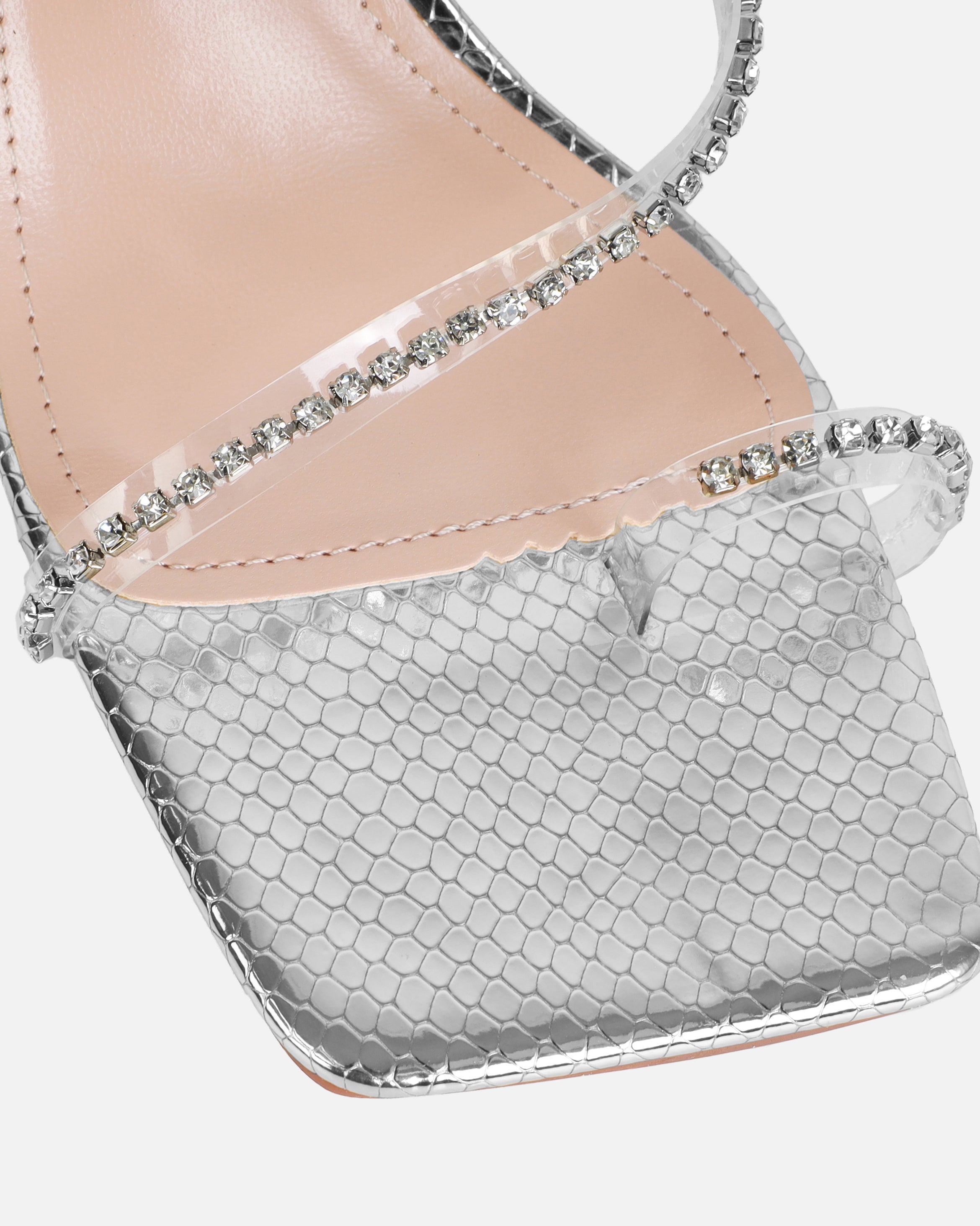Ninah Silver Faux Snake Print Clear Diamante Mid Heels | SIMMI London