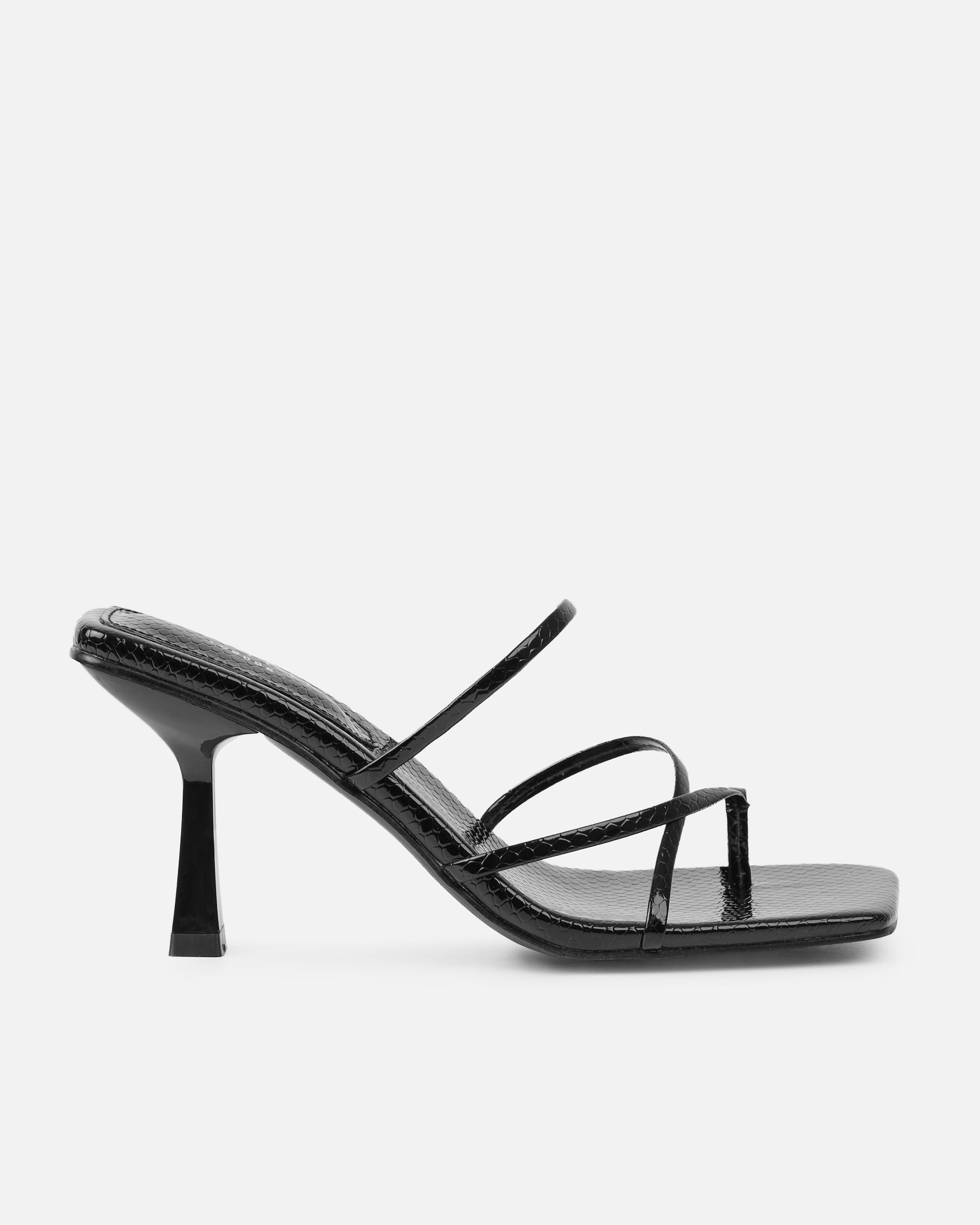 Apollo Black Patent Faux Snake Strappy Mid Heel Mules | SIMMI London