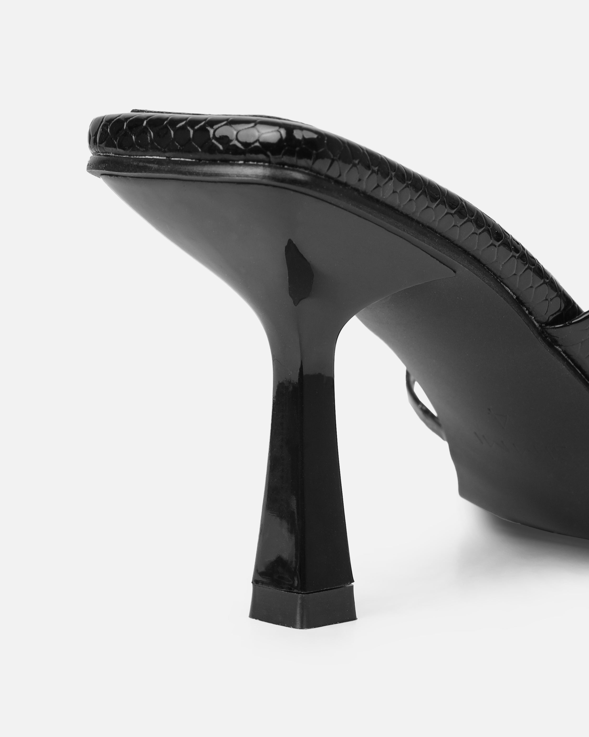 Apollo Black Patent Faux Snake Strappy Mid Heel Mules | SIMMI London