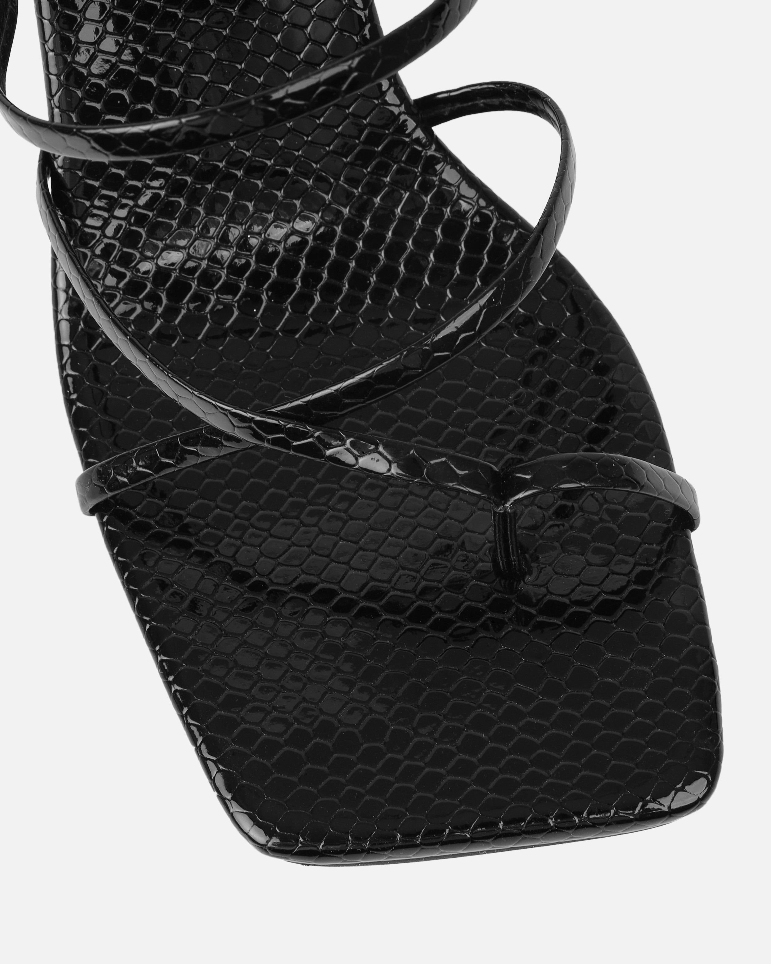 Apollo Black Patent Faux Snake Strappy Mid Heel Mules | SIMMI London