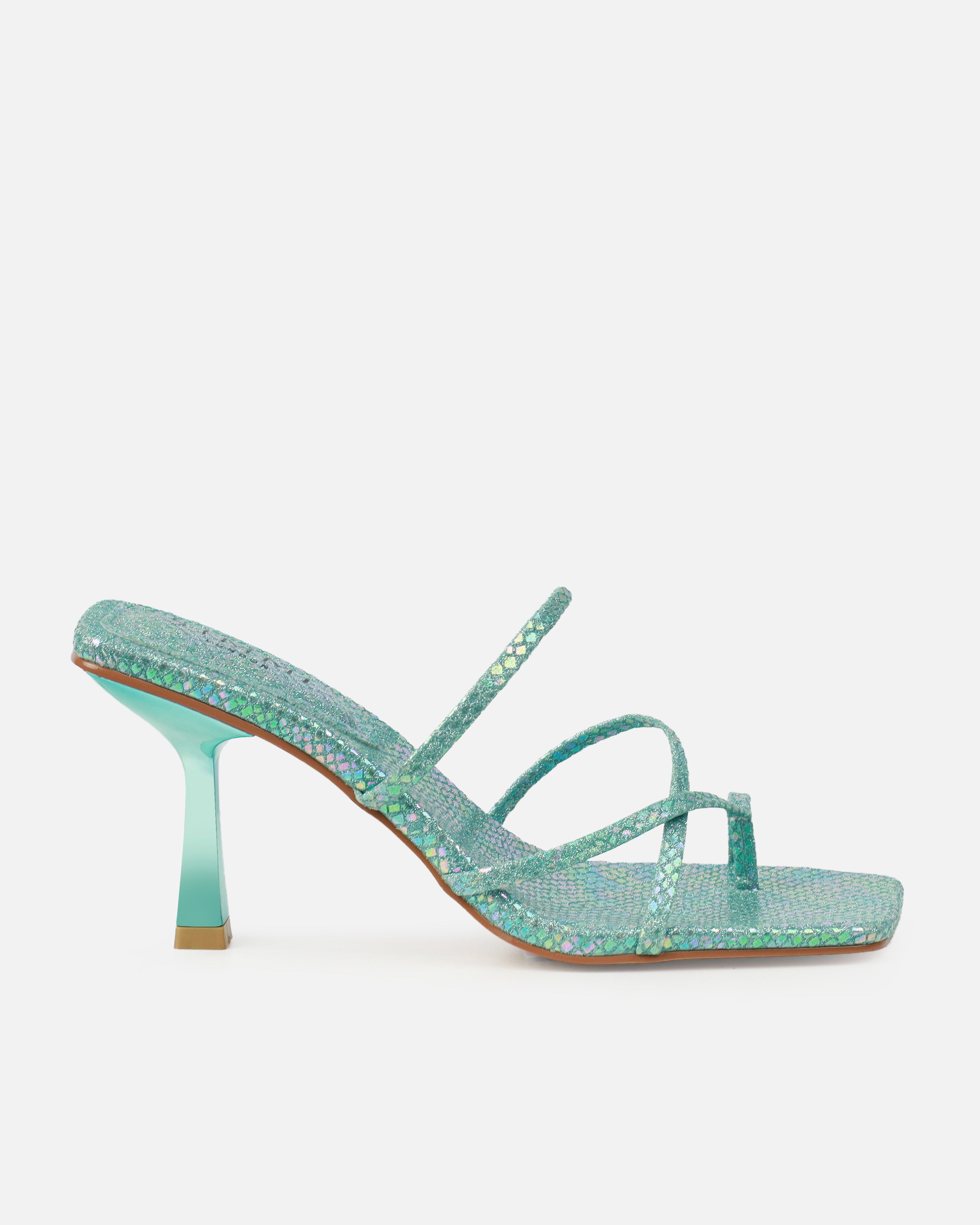 Apollo Blue Shimmer Faux Snake Strappy Mid Heel Mules | SIMMI London