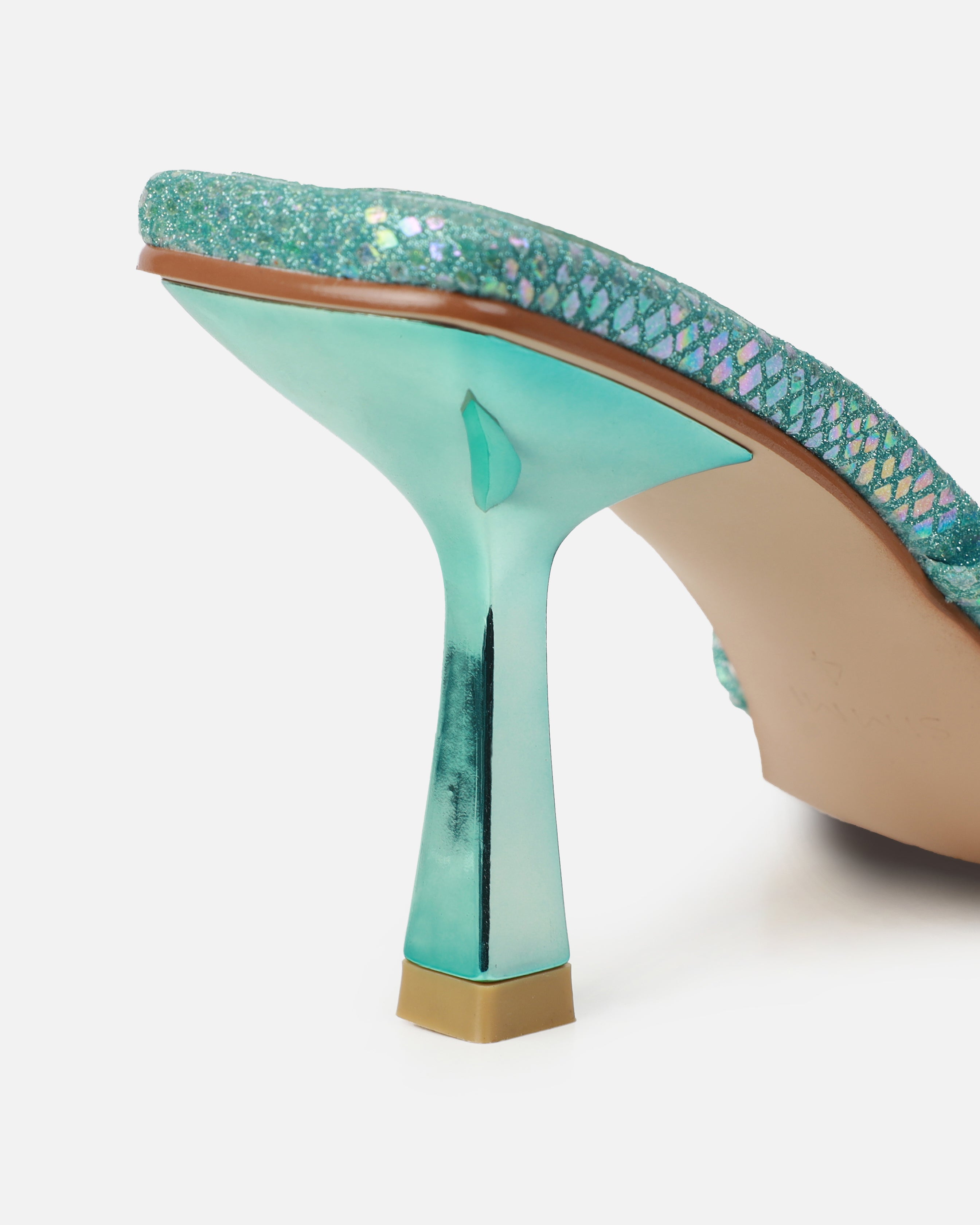 Apollo Blue Shimmer Faux Snake Strappy Mid Heel Mules | SIMMI London