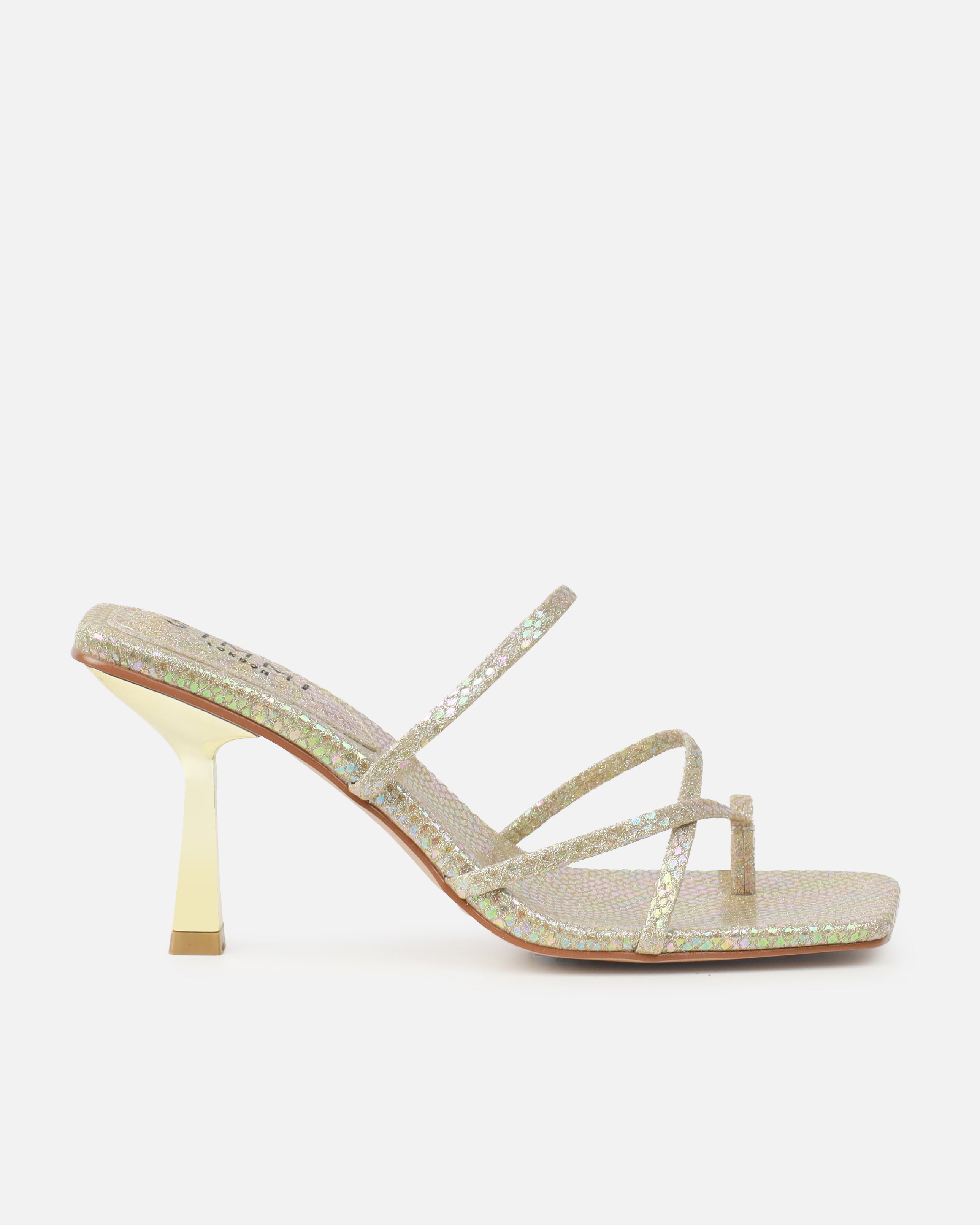 Apollo Gold Shimmer Faux Snake Strappy Mid Heel Mules | SIMMI London