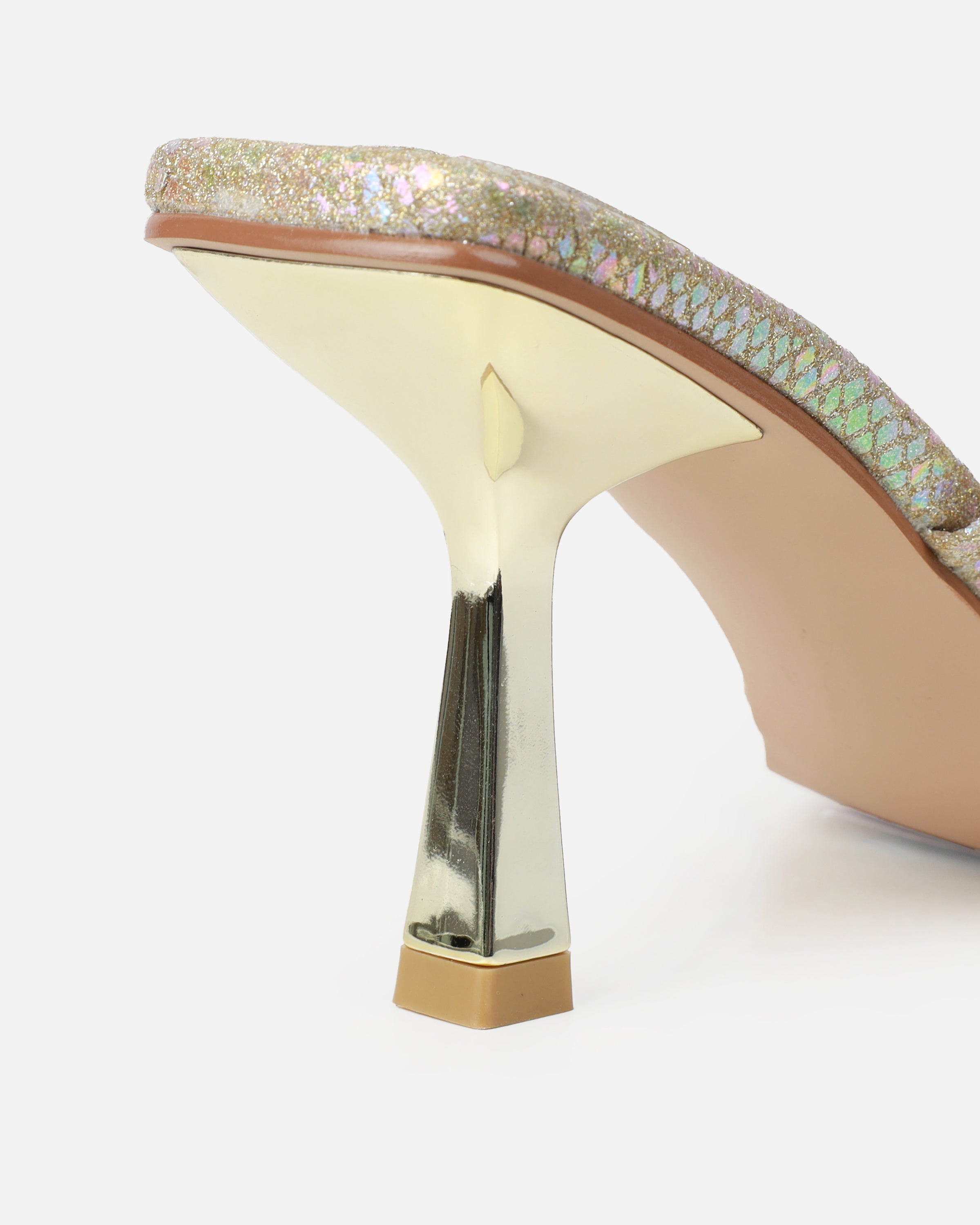 Apollo Gold Shimmer Faux Snake Strappy Mid Heel Mules | SIMMI London