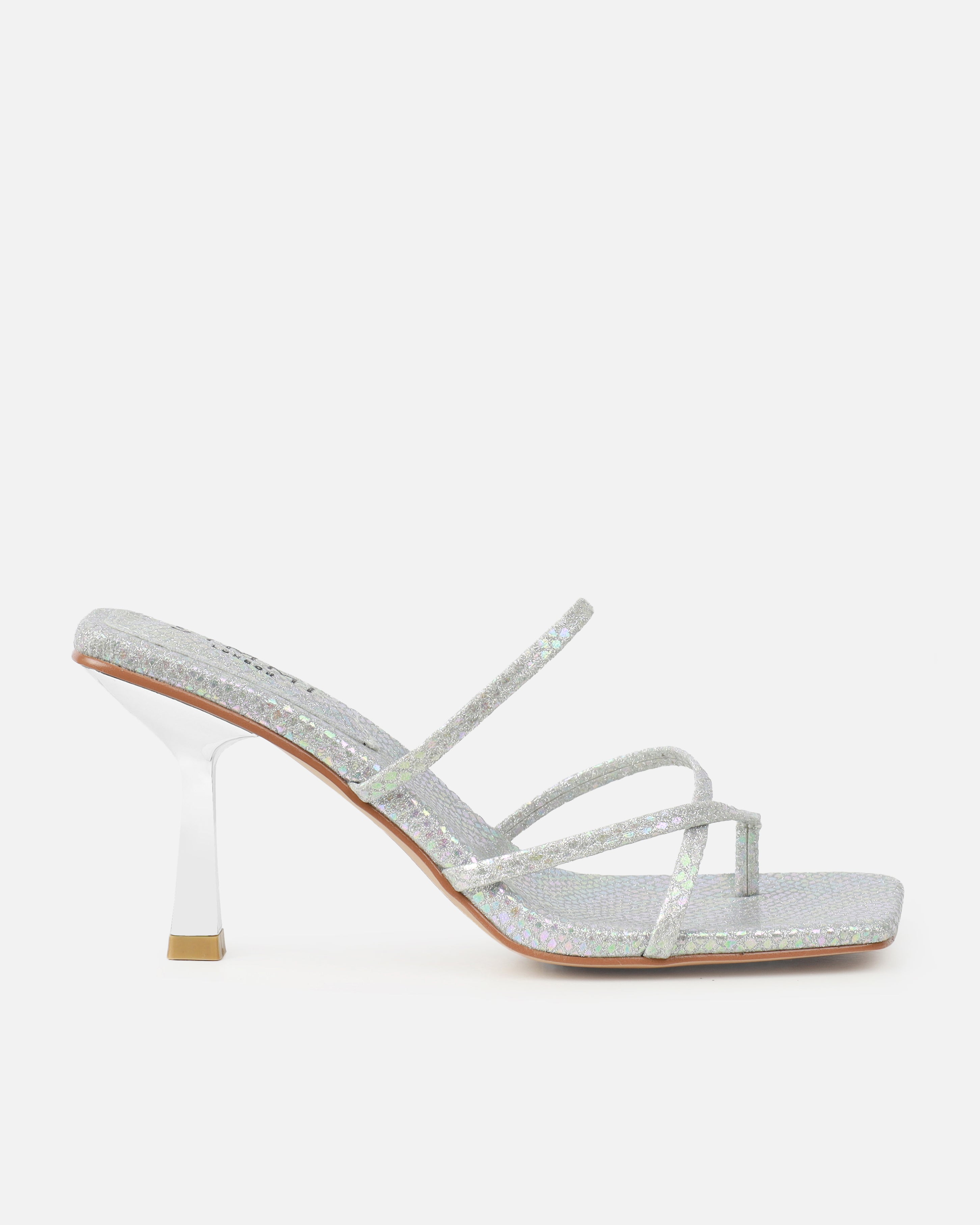 Apollo Silver Shimmer Faux Snake Strappy Mid Heel Mules | SIMMI London