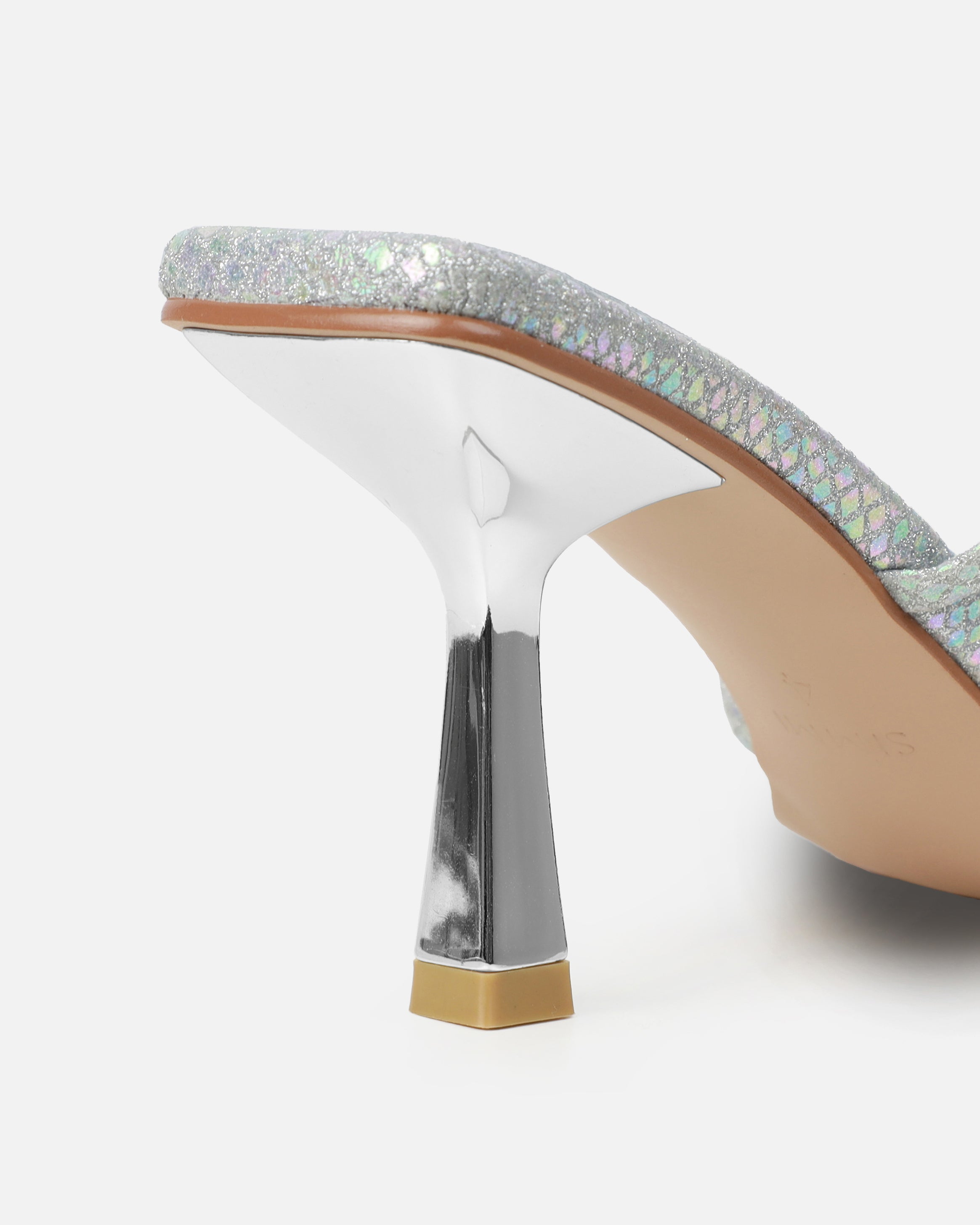 Apollo Silver Shimmer Faux Snake Strappy Mid Heel Mules | SIMMI London