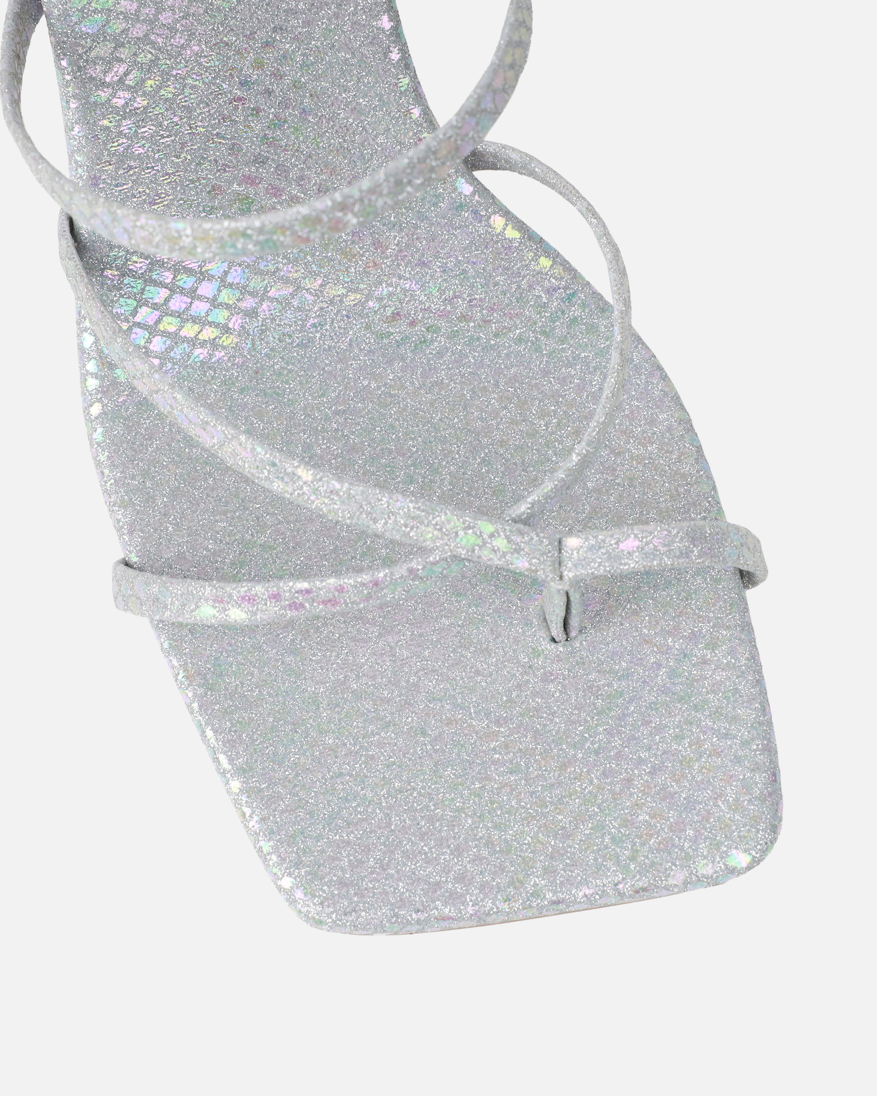 Apollo Silver Shimmer Faux Snake Strappy Mid Heel Mules | SIMMI London