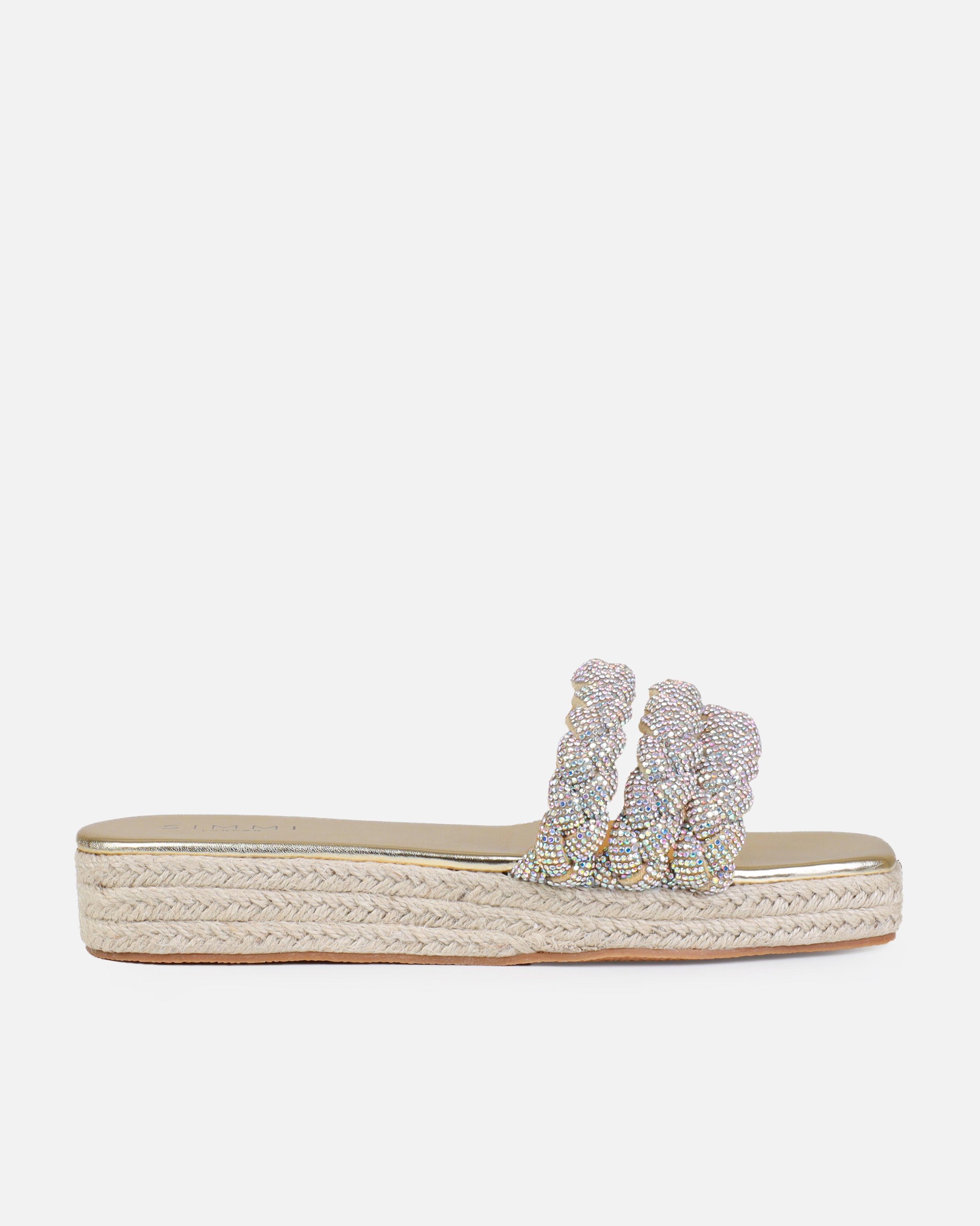 Darcie Gold Diamante Espadrille Flatform Slides | SIMMI London