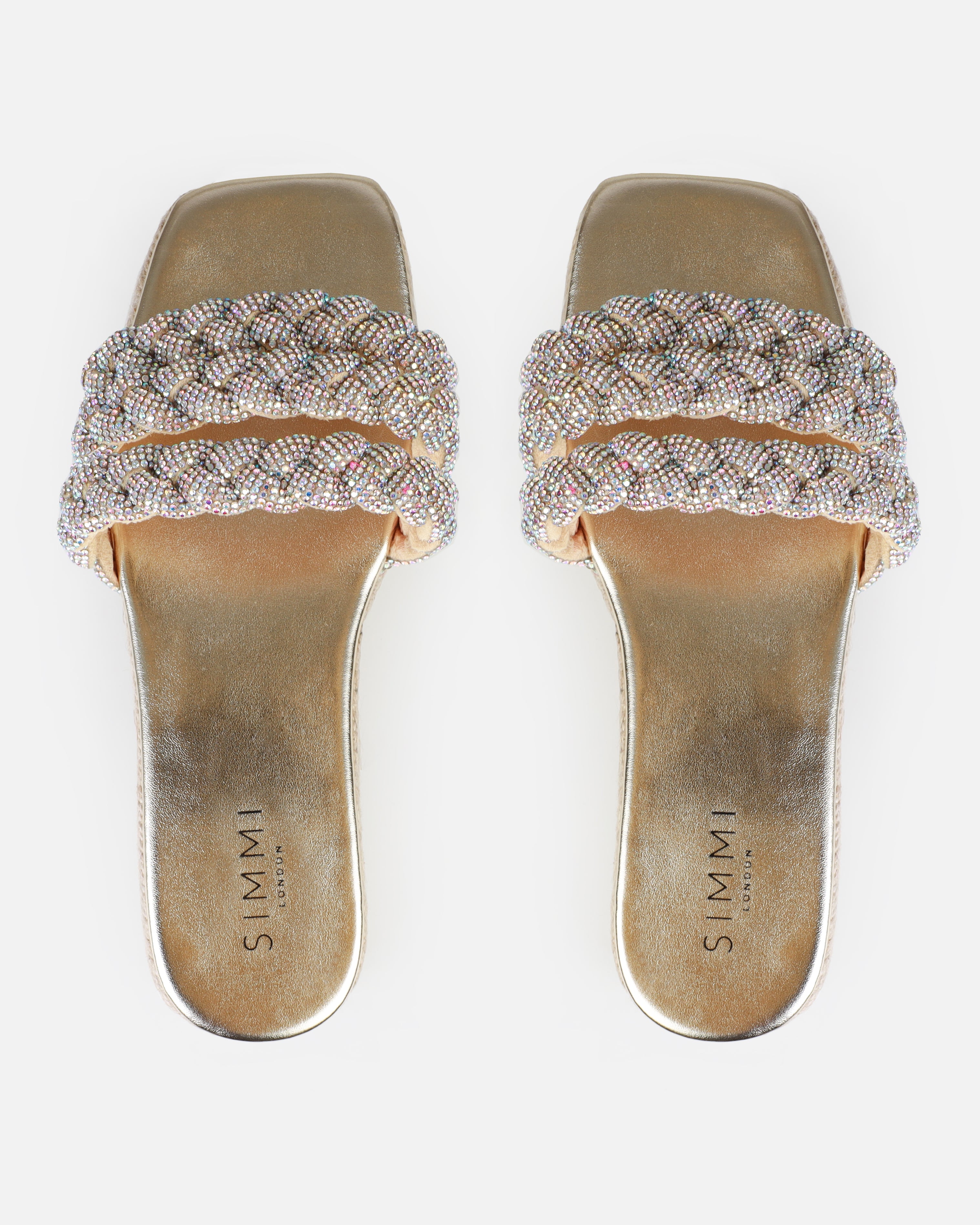 Darcie Gold Diamante Espadrille Flatform Slides | SIMMI London